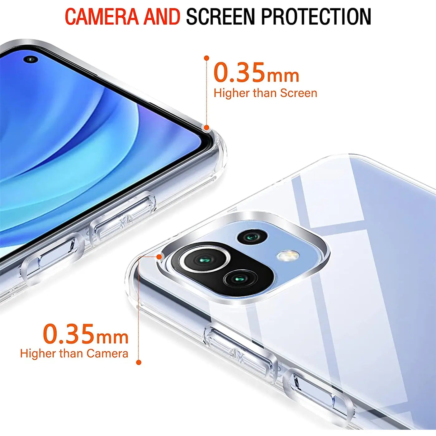 Klarer Handyhülle aus Kunststoff, zeigt Xiaomi Mi 11 Lite, Nahaufnahme, von oben.