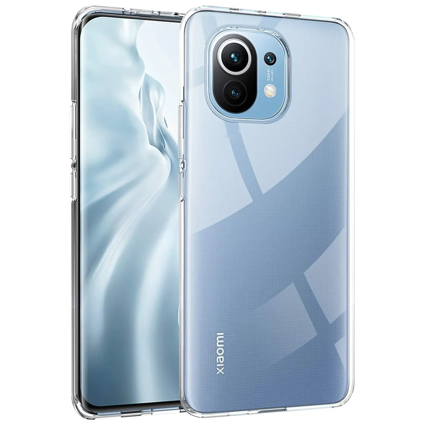 Klares Silikon-Case auf Xiaomi Mi 11, Vorder- und Rückansicht, Nahaufnahme.