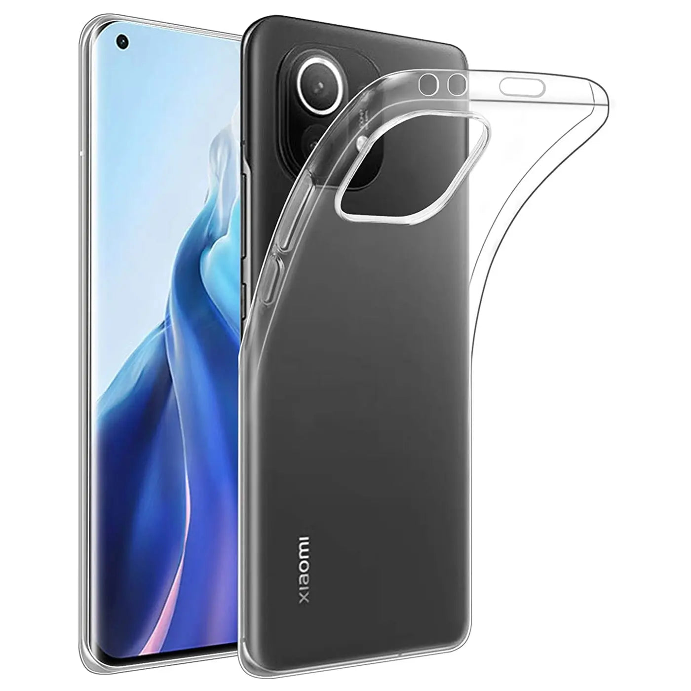 Klares Silikoncase auf einem Xiaomi Mi 11, Rückansicht, Nahaufnahme.