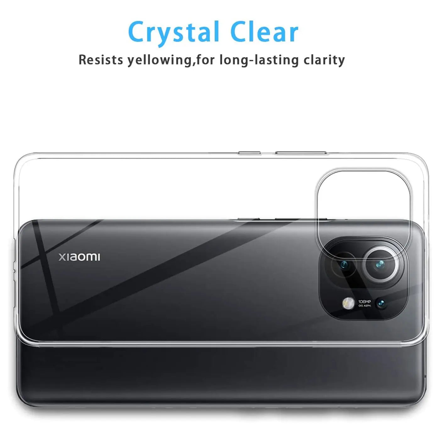 Klares, transparentes Silikoncase über einem schwarzen Xiaomi Mi 11 mit Kamera.