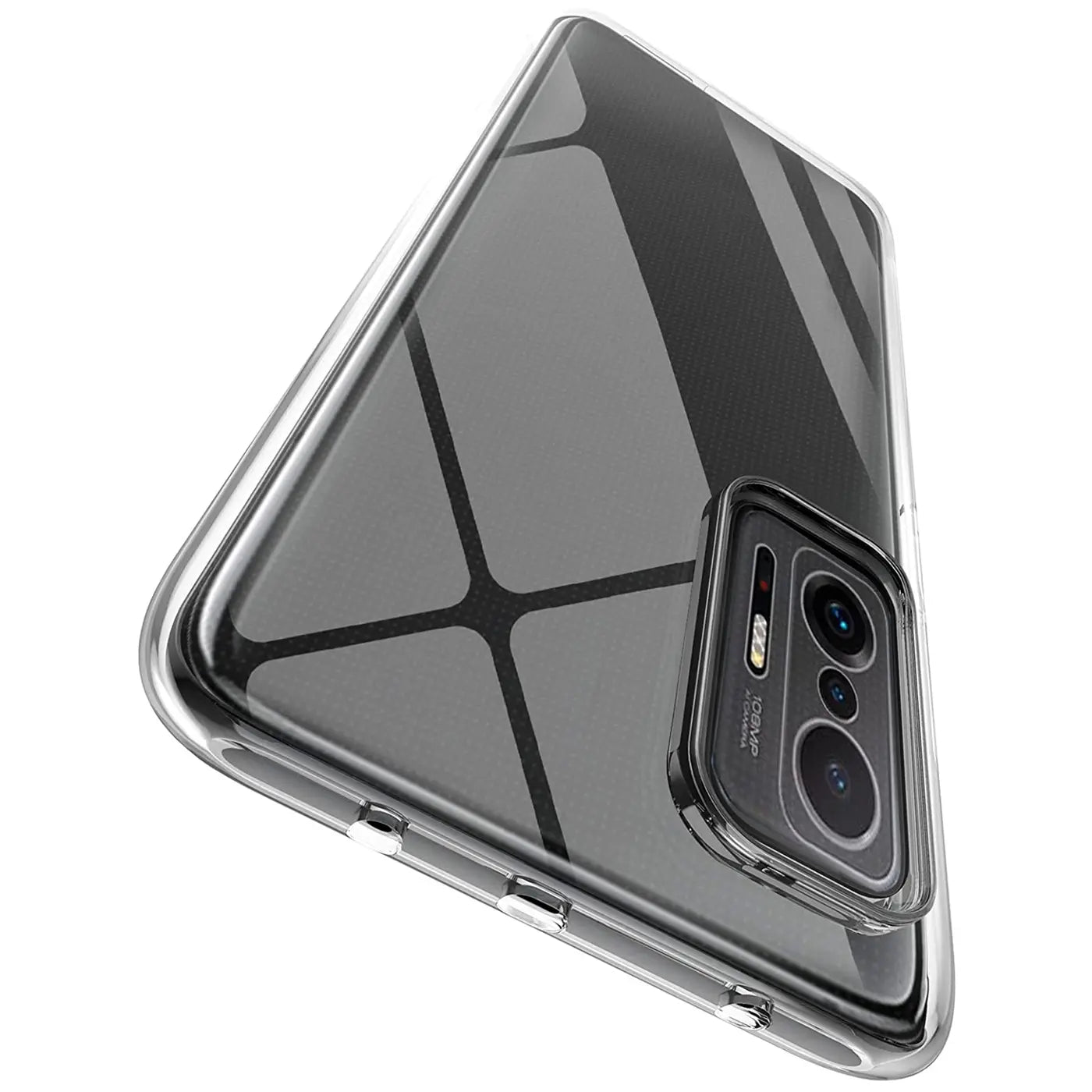 Klarer Handyhülle aus Kunststoff, von schräg hinten, auf einem Xiaomi Mi 11T / Mi 11T Pro.