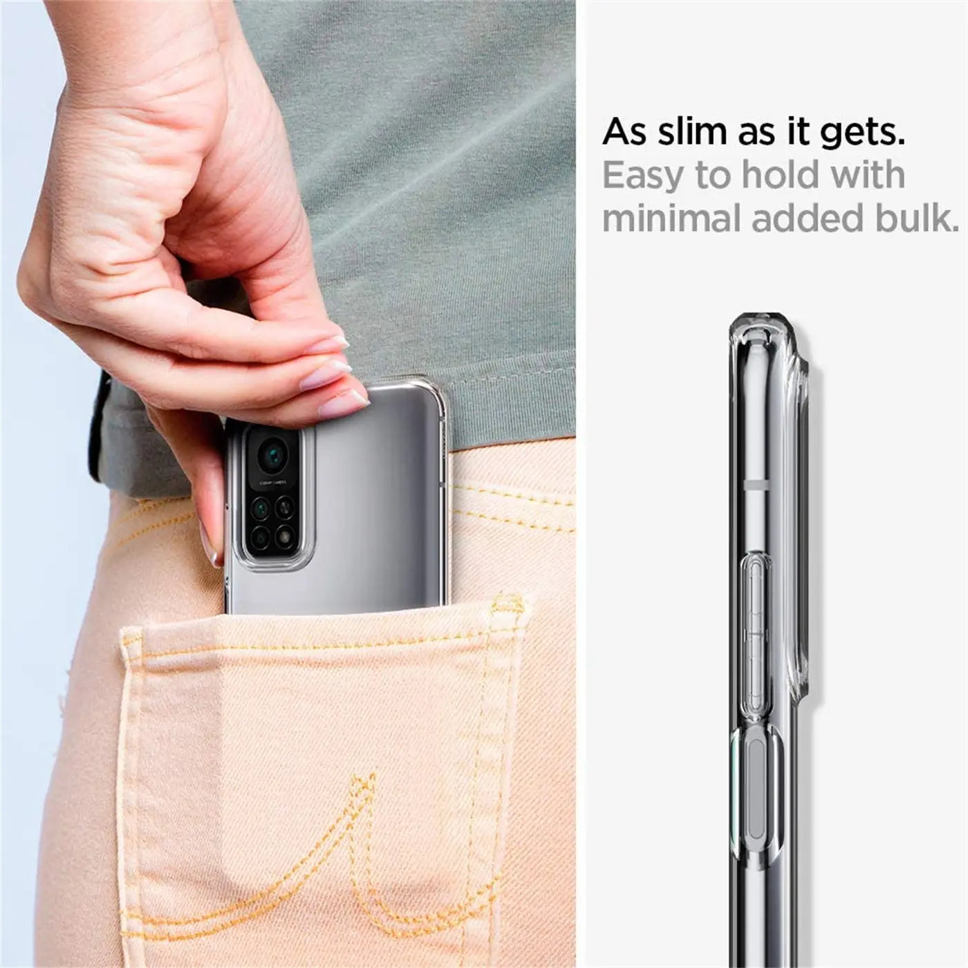 Transparente Hülle aus Kunststoff, die in eine Hosentasche gesteckt wird. Xiaomi Mi 11T/Pro erkennbar.