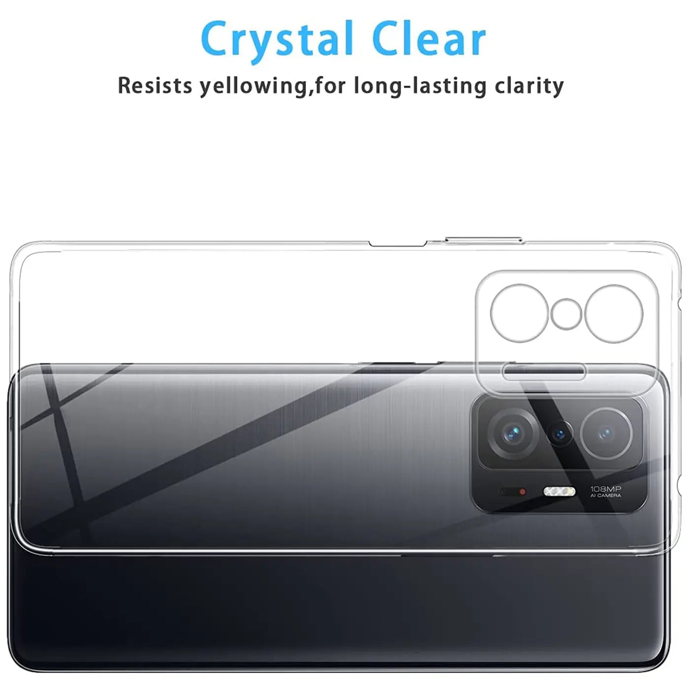 Klar transparente Hülle aus Kunststoff, von oben auf ein Xiaomi Mi 11T Pro gelegt.