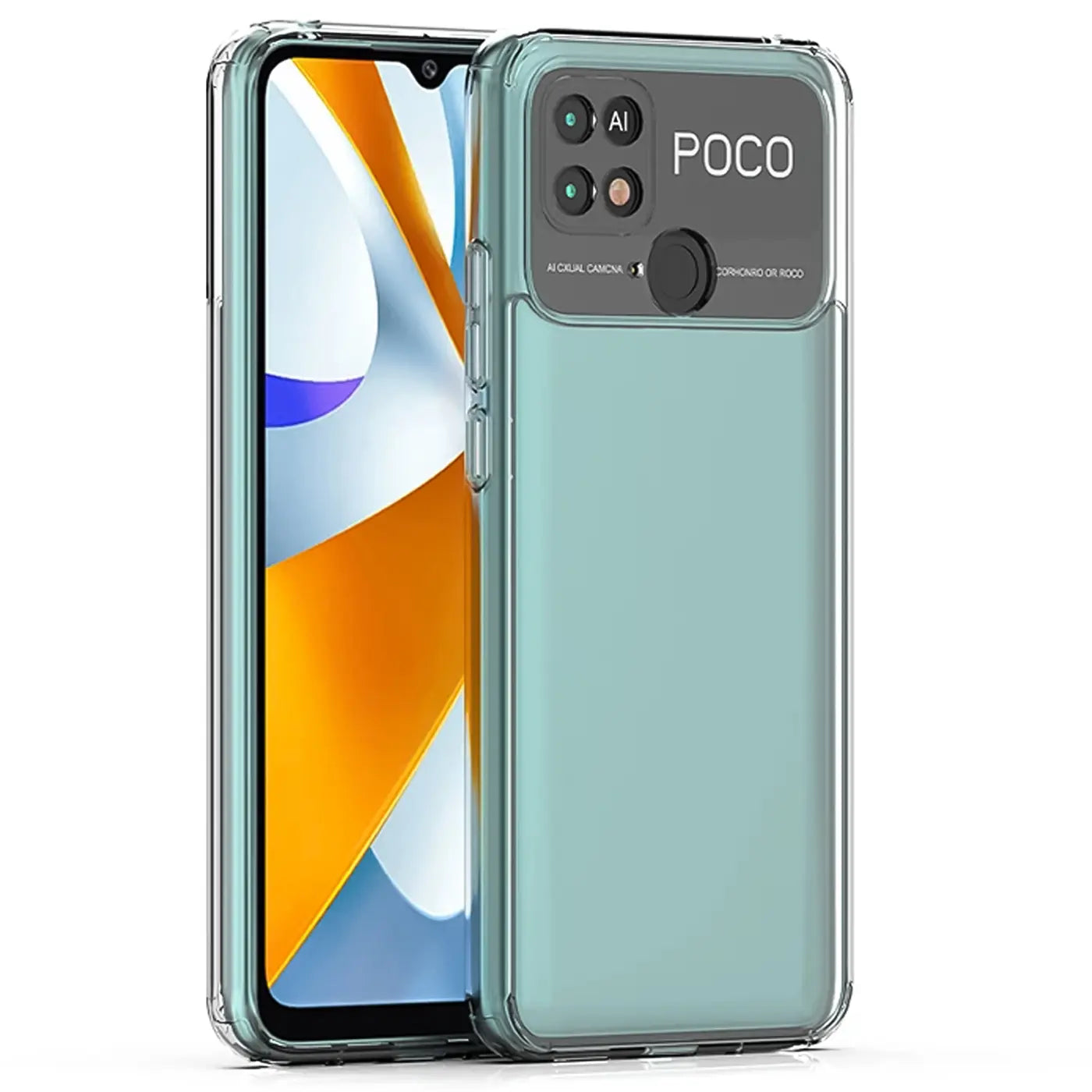 Klar, durchsichtiges Silikon-Case auf einem Xiaomi Poco C40, Vorder- und Rückansicht.