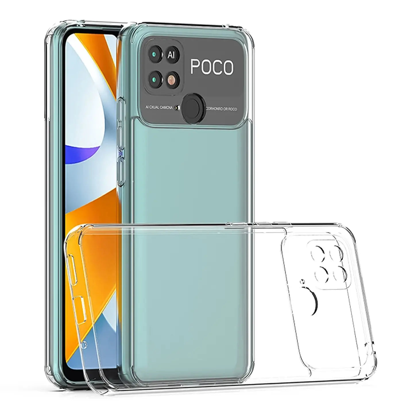 Klares Silikon-Case für Xiaomi Poco C40, Vorder- und Rückansicht, auf weißem Hintergrund.