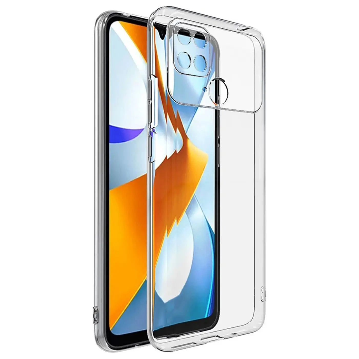 Klares Silikoncase für Xiaomi Poco C40, von vorne links, mit Handy.