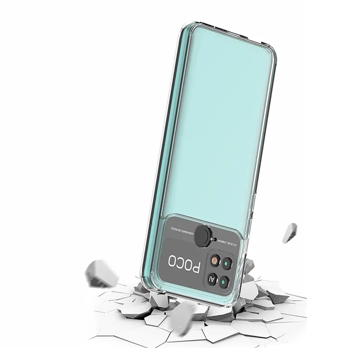 Klares Handyhülle aus TPU um ein mintgrünes Xiaomi Poco C40, von hinten, mit zerbrochenem Boden.