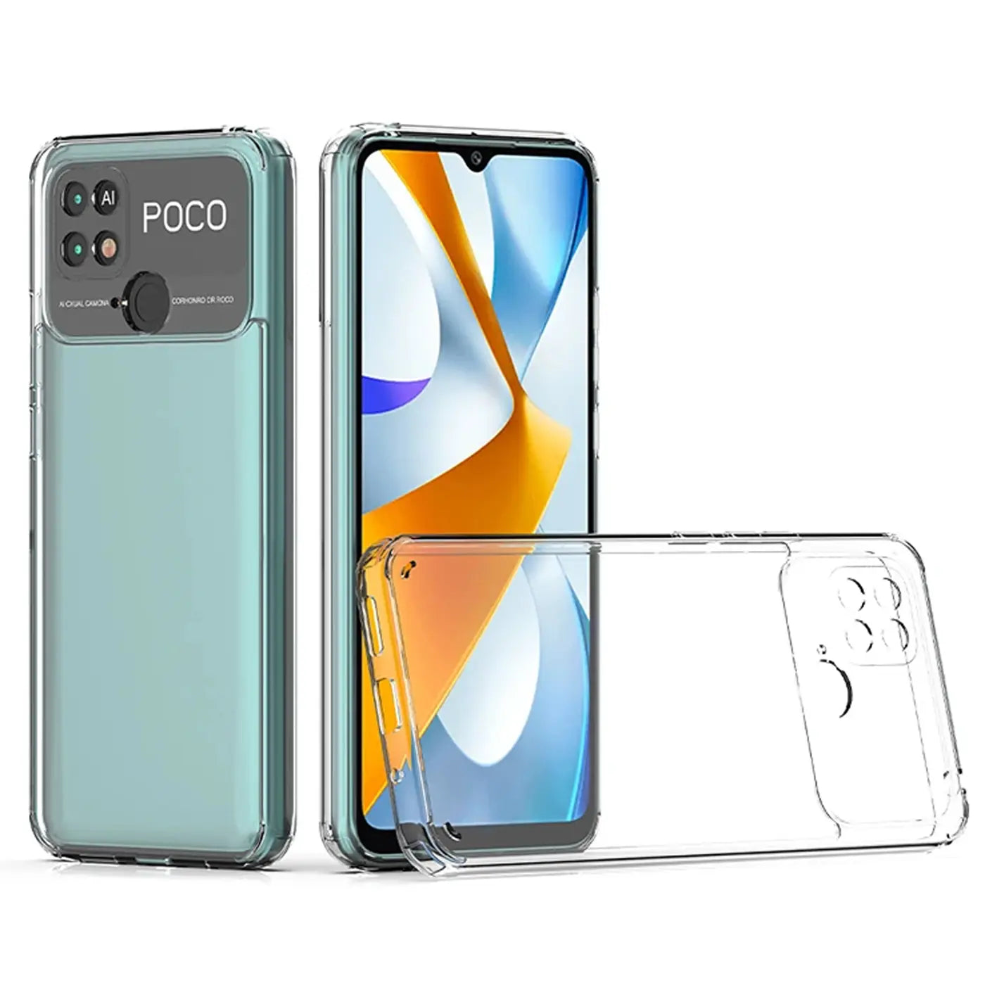 Klares Silikon-Case für Xiaomi Poco C40, Rückansicht und Vorderansicht, Nahaufnahme.
