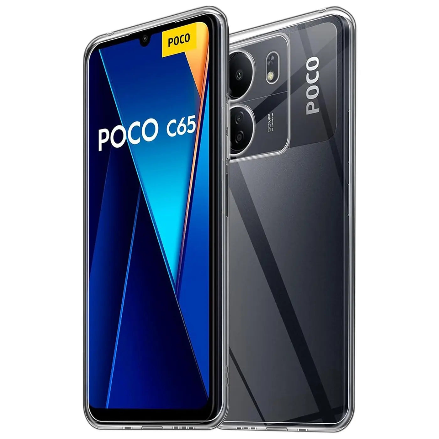 Klares, schlankes Handy-Case aus Kunststoff, das ein Xiaomi Poco C65 zeigt.
