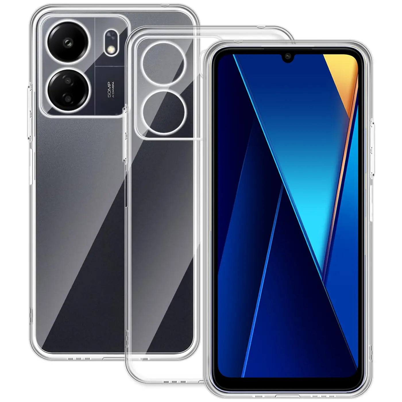 Klarer Handyhülle aus Kunststoff, Vorder- und Rückansicht, für Xiaomi Poco C65.