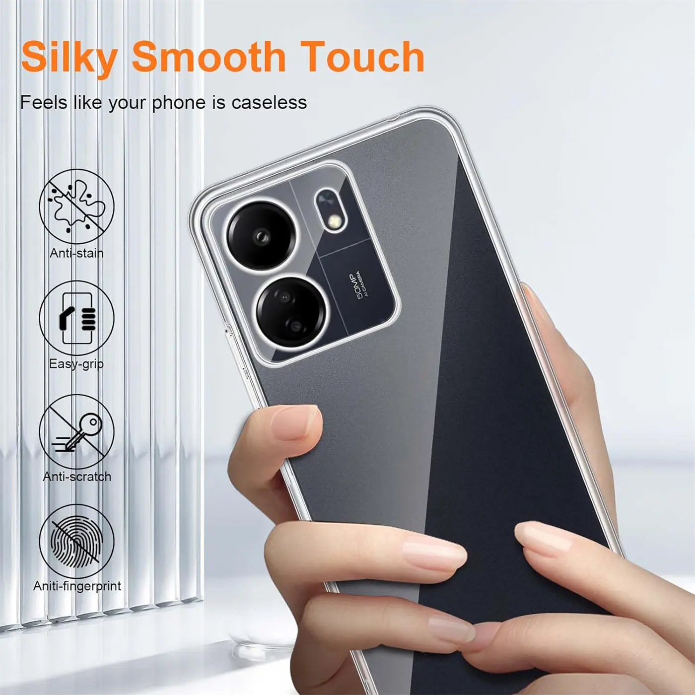 Klar, transparentes Handy-Case aus Silikon, Rückansicht, Xiaomi Poco C65.
