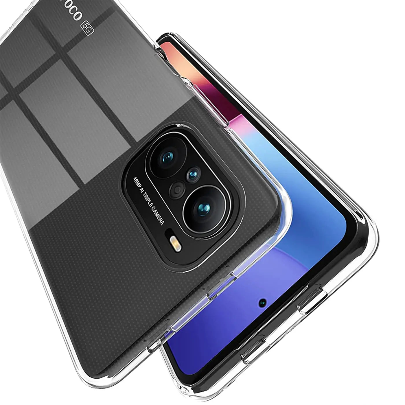 Klar, transparentes Handyhülle aus Kunststoff, zeigt Xiaomi Poco F3/Mi 11i von schräg oben.