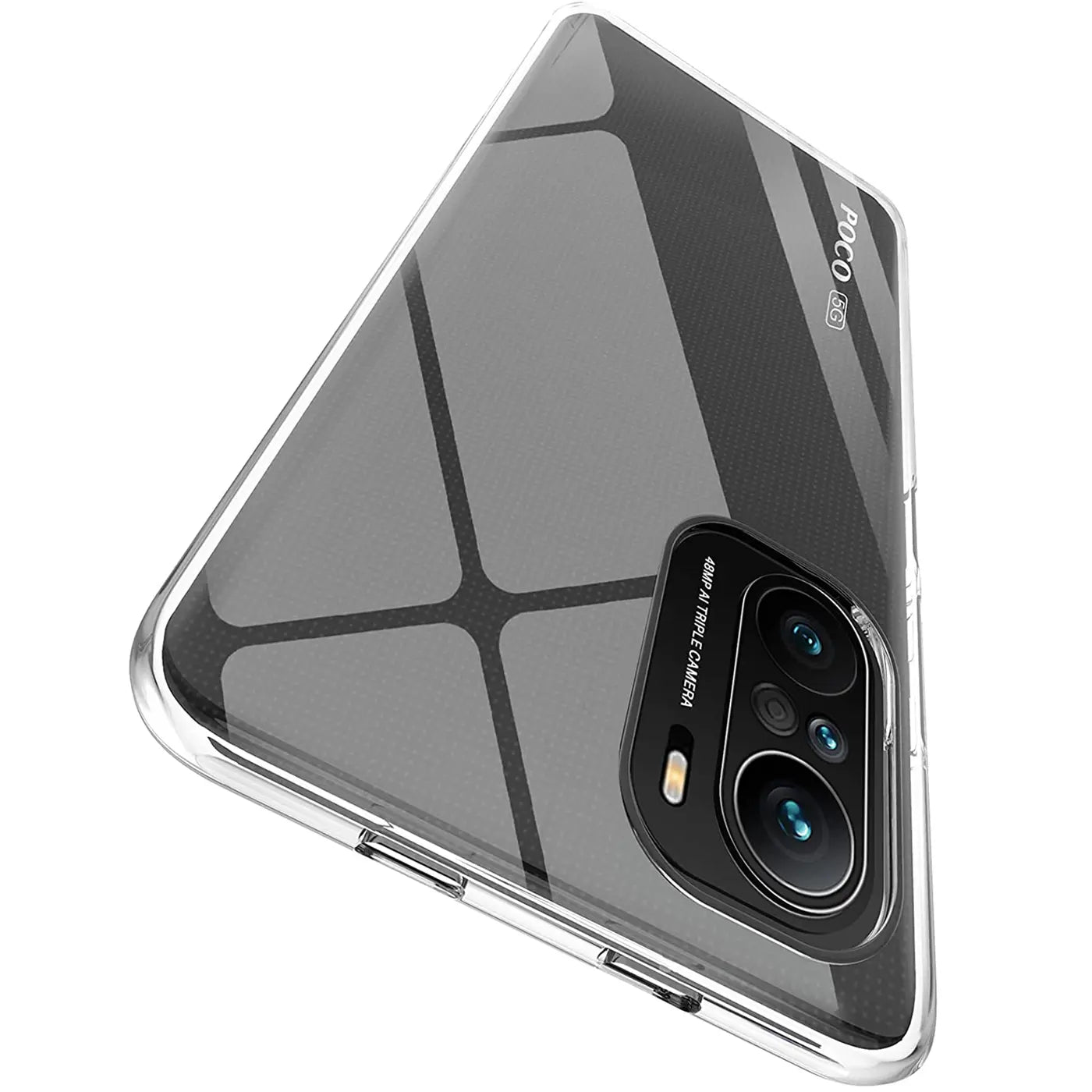 Klar transparente Hülle mit Muster auf Xiaomi Poco F3/Mi 11i, von oben links
