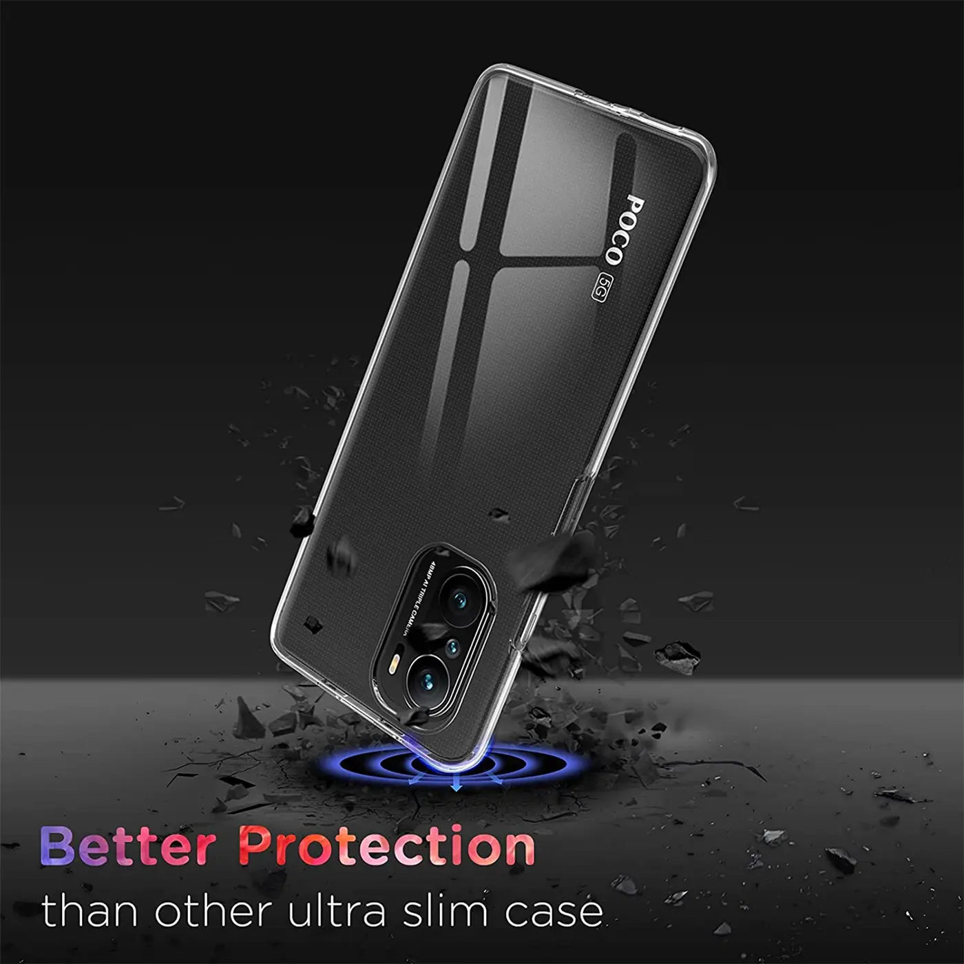 Klar, durchsichtiges Handy-Case aus Kunststoff, schräg von oben, Xiaomi Poco F3/Mi 11i.