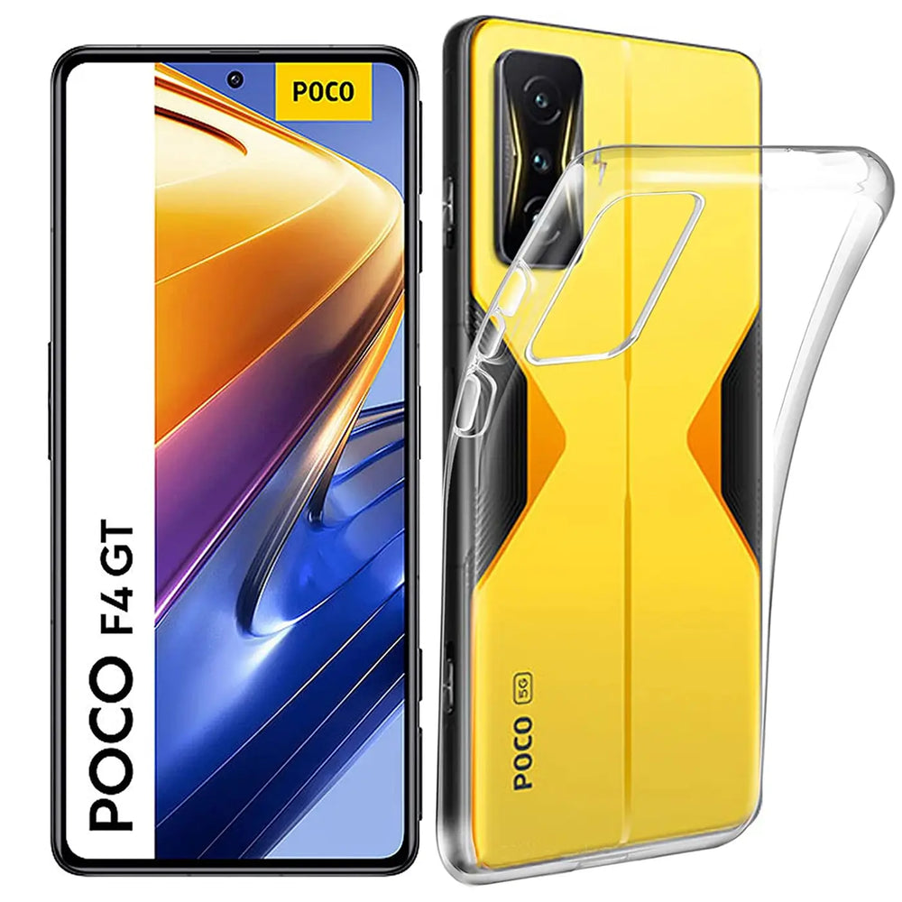 Xiaomi Poco F4 GT, gelb, transparentes Silikon, Vorder- und Rückansicht, Handy mit Hülle