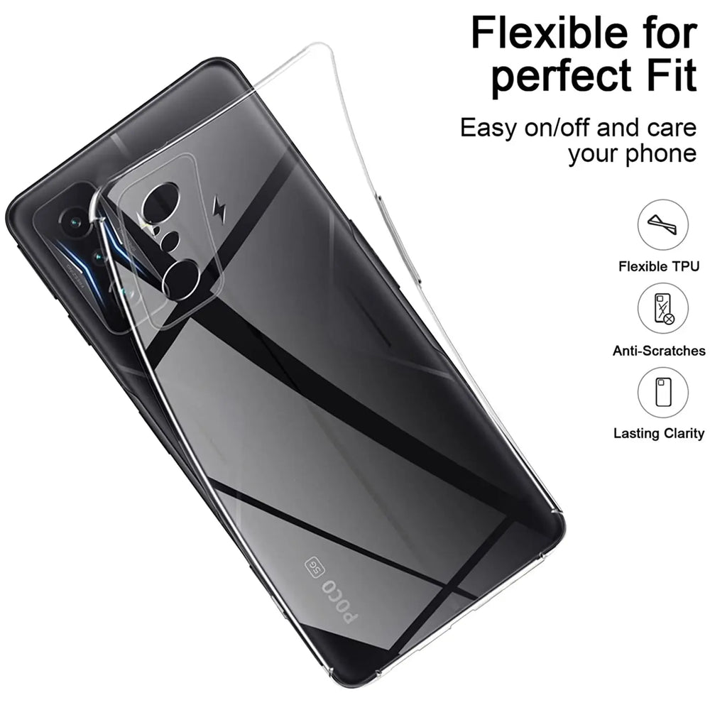 Klarhülle aus TPU über Xiaomi Poco F4 GT, Rückansicht, schräg von oben.