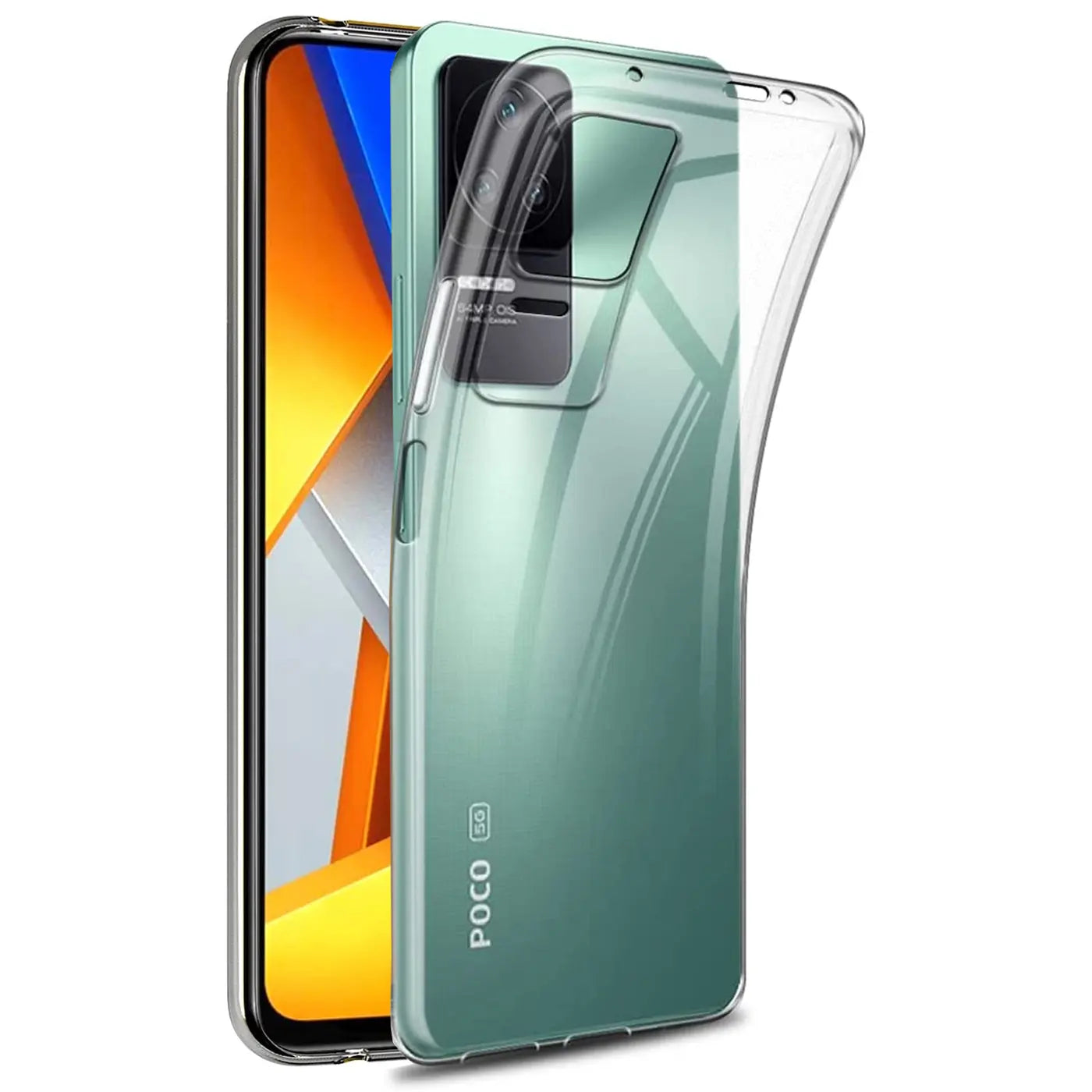 Klar, durchsichtiges TPU-Case auf einem grünen Xiaomi Poco F4, Rückansicht.
