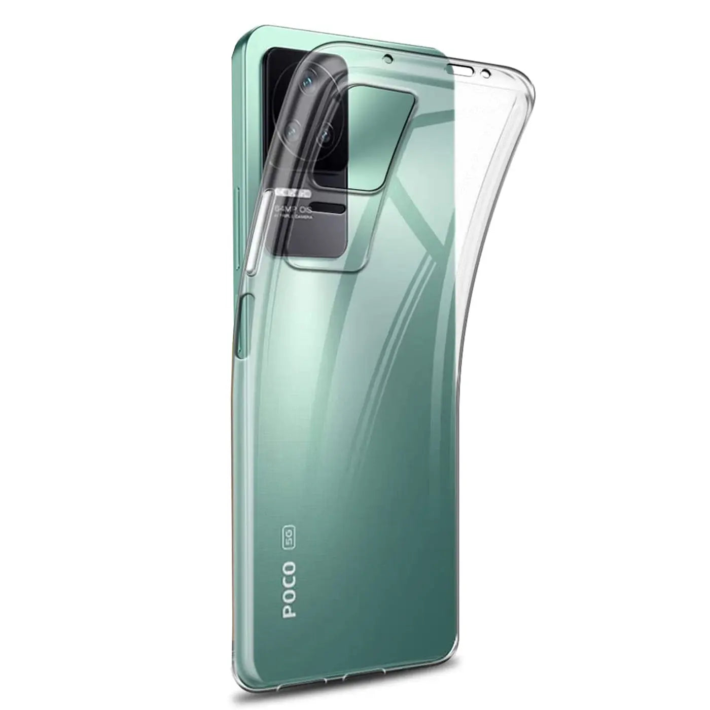 Klar, transparentes Handyhülle aus Silikon, von hinten auf ein grünes Xiaomi Poco F4 aufgesetzt.