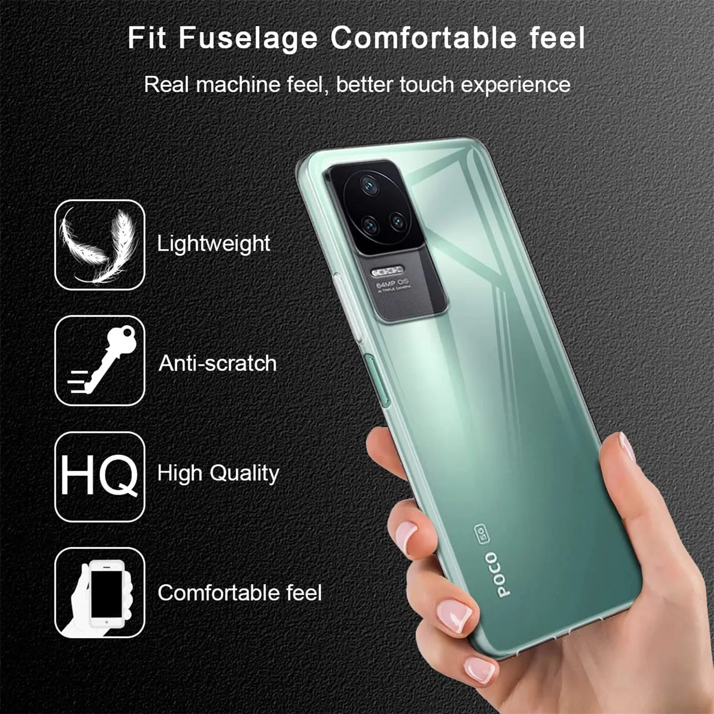 Transparente Hülle aus Kunststoff, von schräg hinten, zeigt Xiaomi Poco F4.