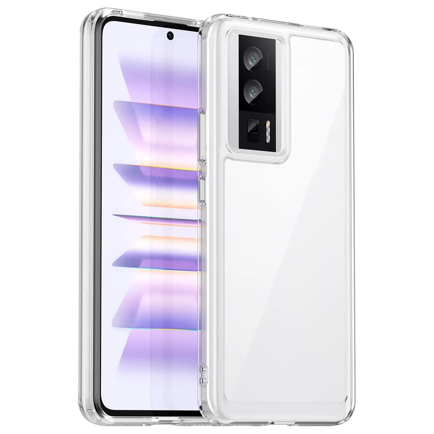 Klar, transparentes Handyhülle aus Kunststoff, von vorne/seitlich, zeigt Xiaomi Poco F5 Pro 5G