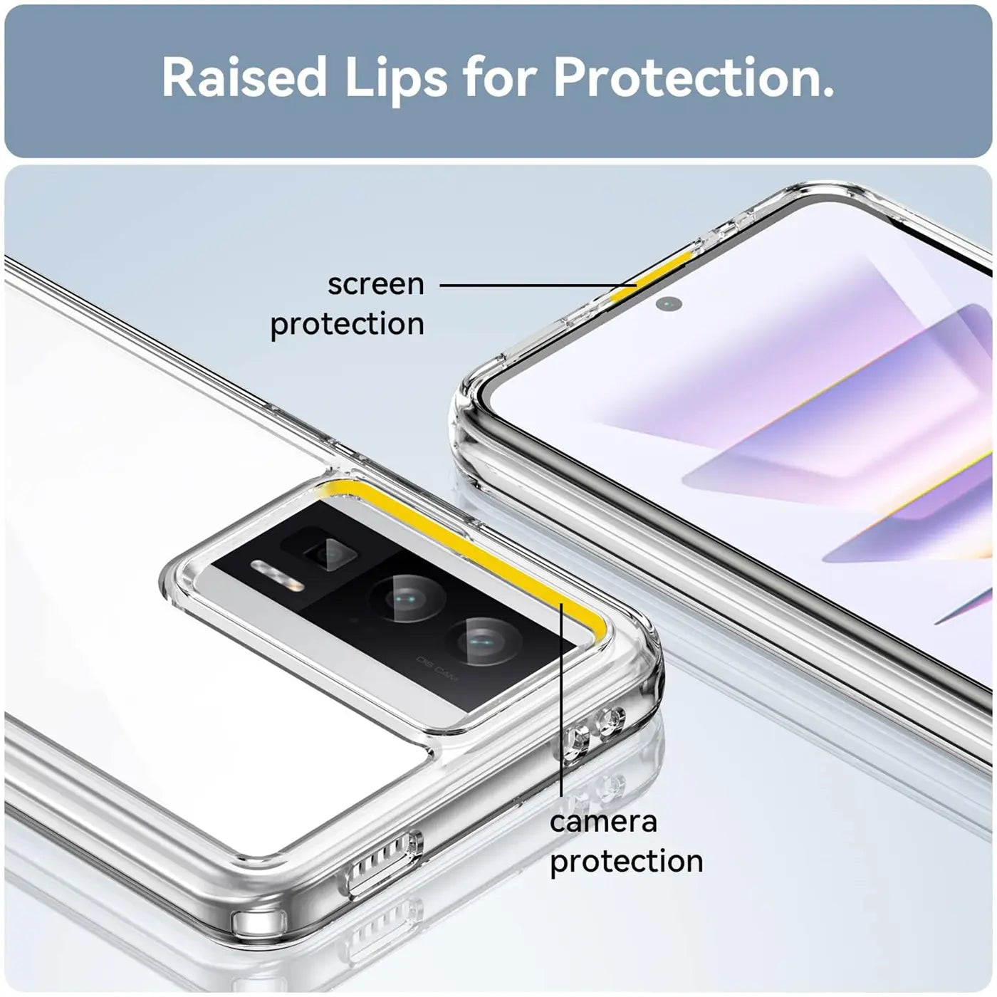Klar transparente Hülle aus Kunststoff, zeigt Xiaomi Poco F5 Pro 5G. Nahaufnahme.