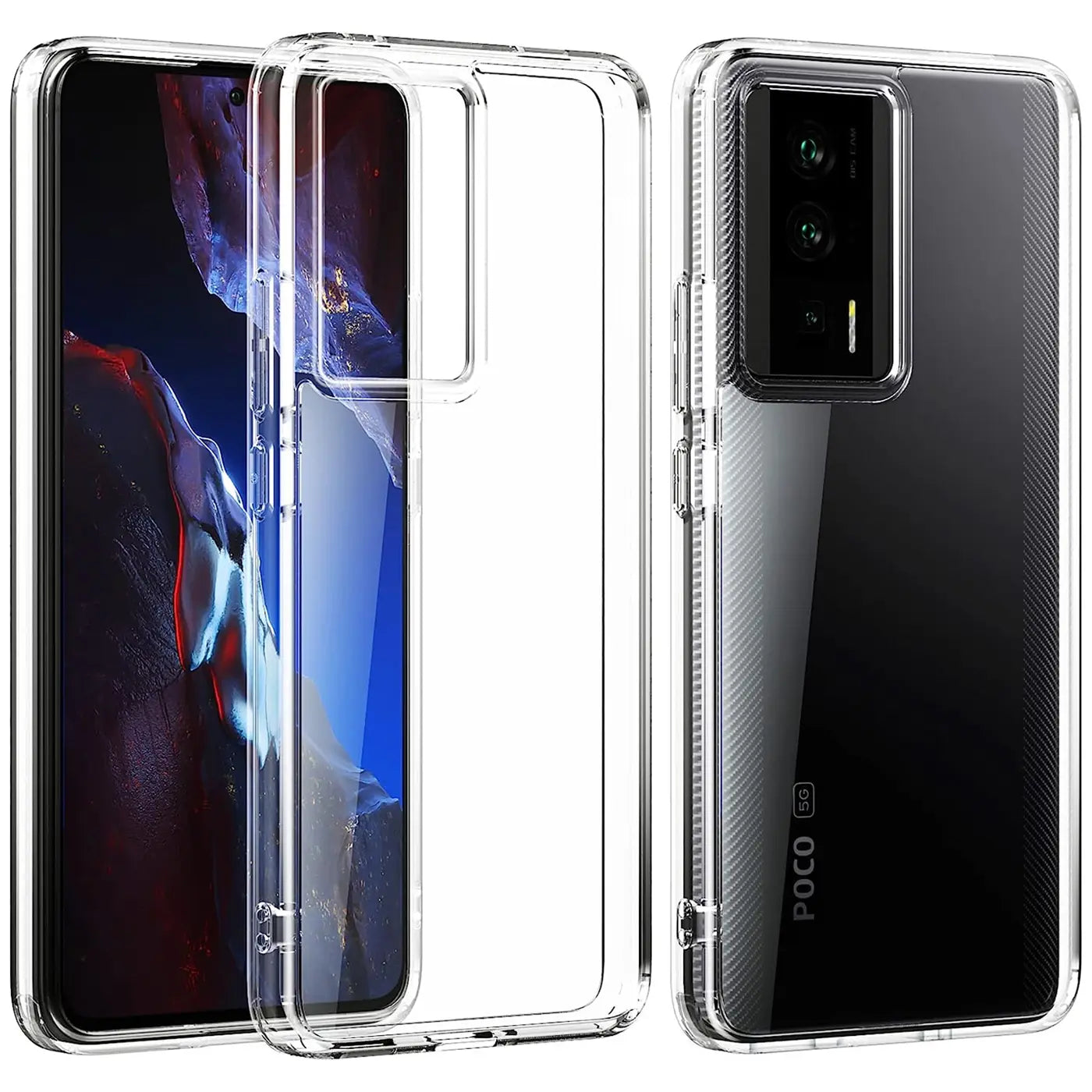 Klar, transparentes Silikoncase für Xiaomi Poco F5 Pro 5G, Vorder- und Rückansicht.