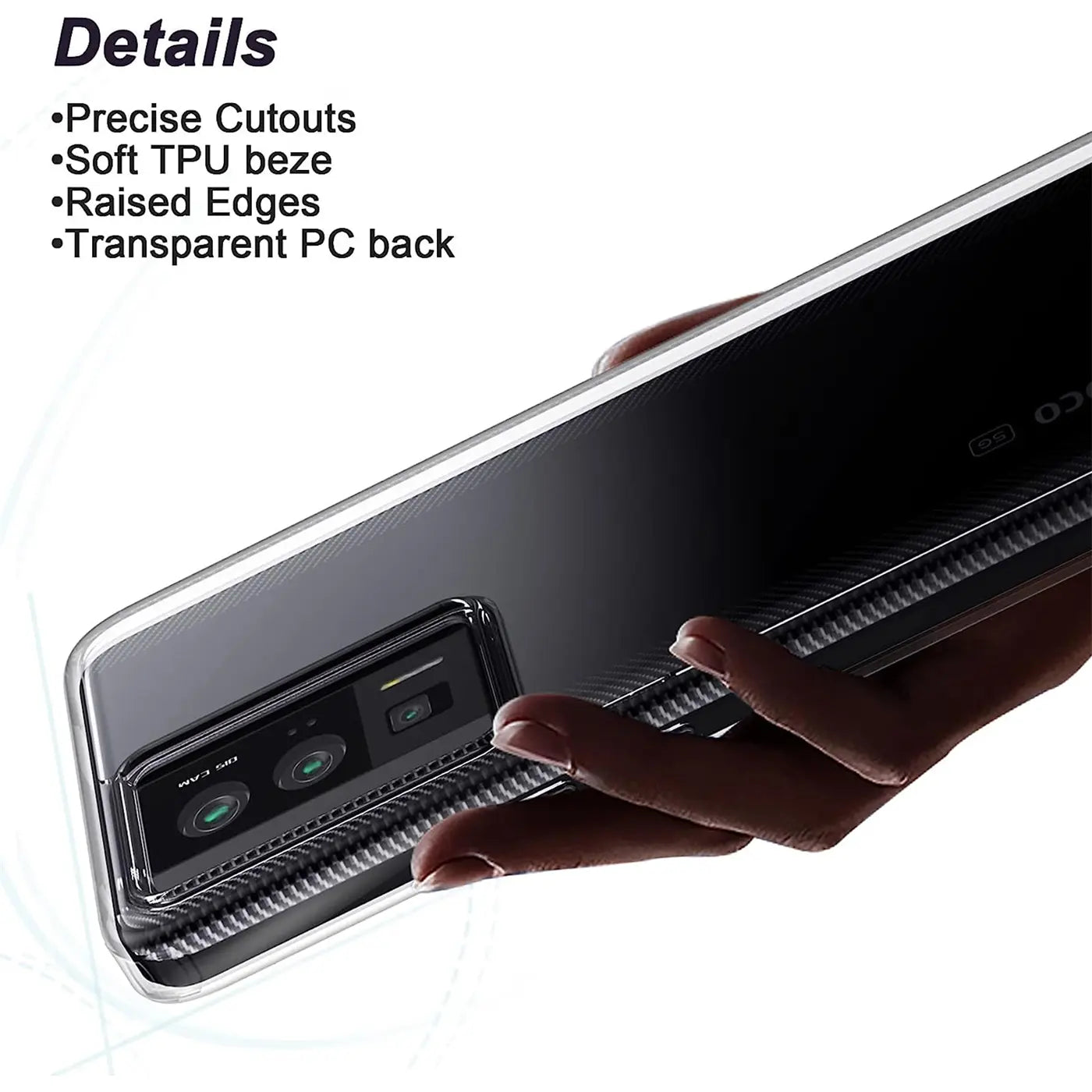 Transparente Hülle aus PC/TPU zeigt Xiaomi Poco F5 Pro 5G von hinten, schräg.