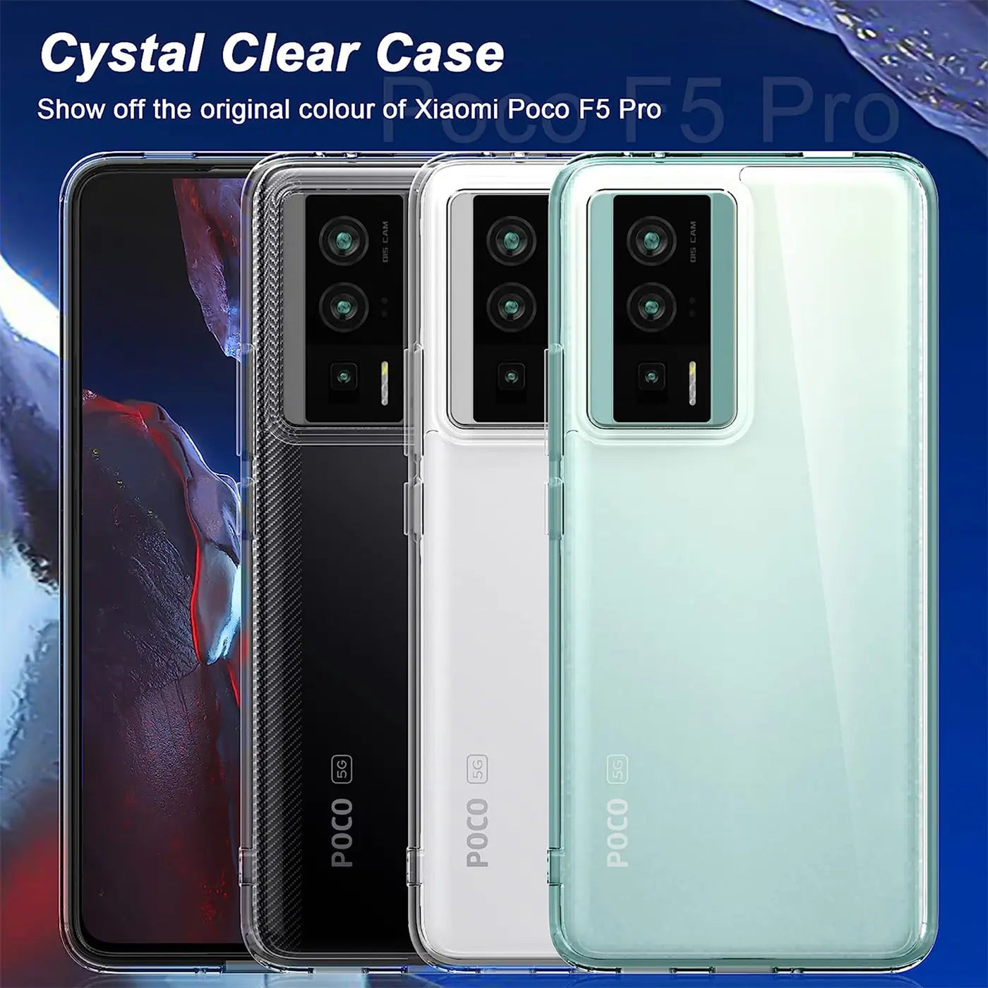 Drei transparente Hüllen (schwarz, weiß, mint) für Xiaomi Poco F5 Pro, Nahaufnahme von hinten.