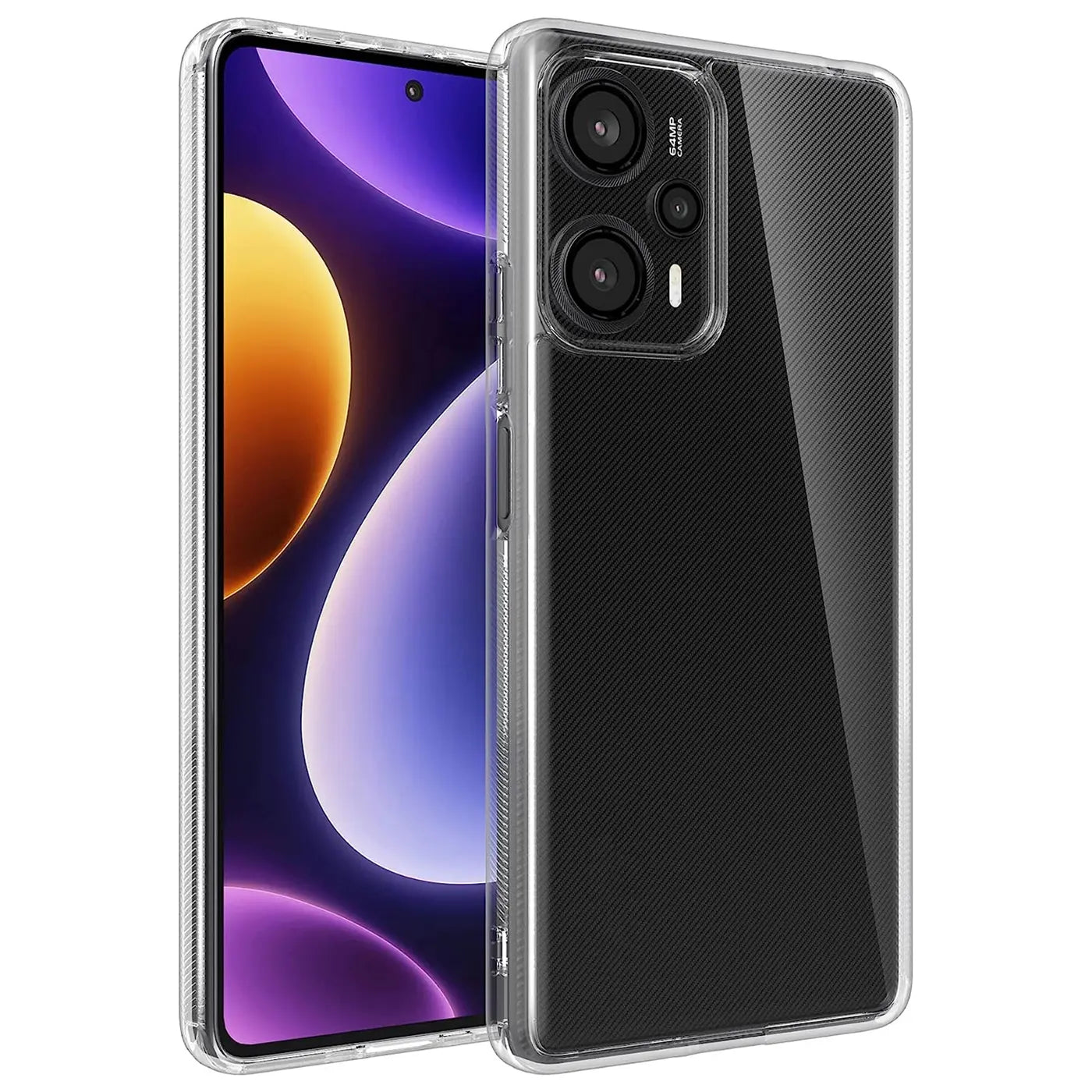 Klares Silikon-Case auf einem Xiaomi Poco F5 5G, von vorne/seitlich.