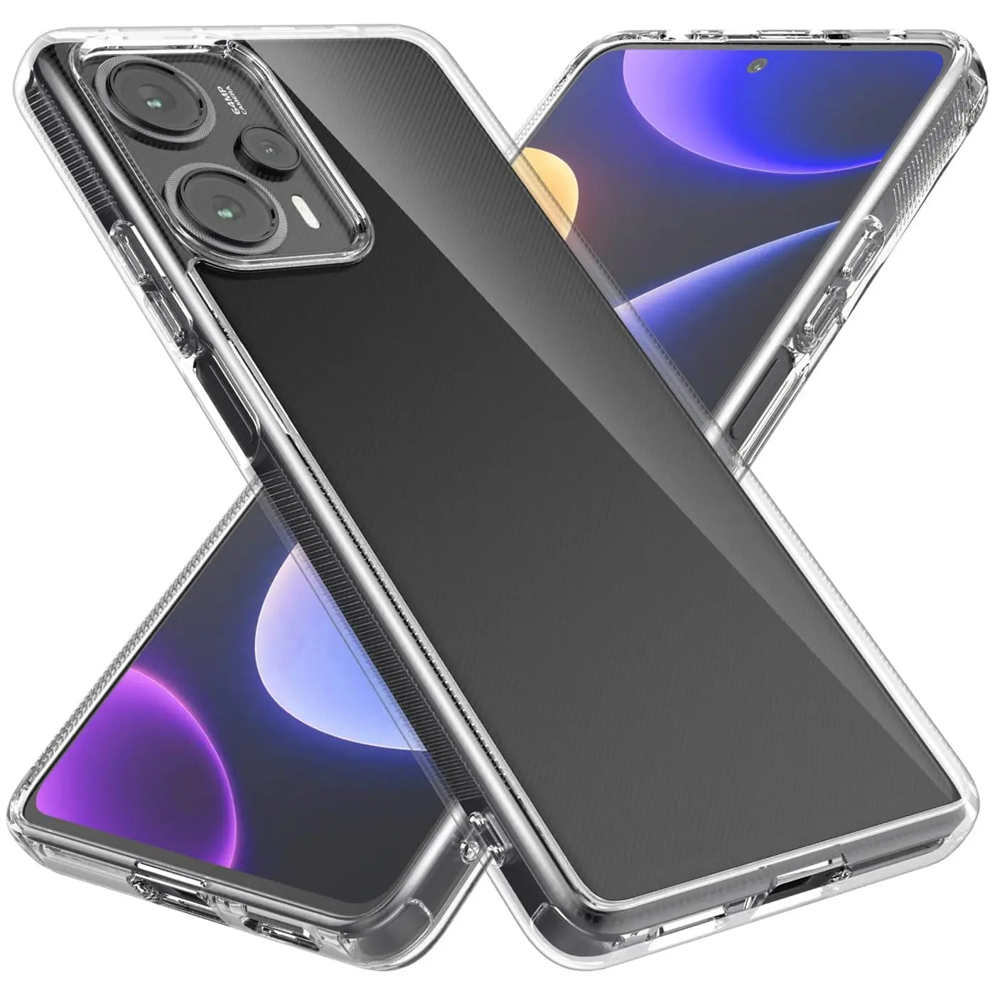 Klarer Handyhülle aus TPU, zwei Geräte im Winkel, Xiaomi Poco F5 5G erkennbar.