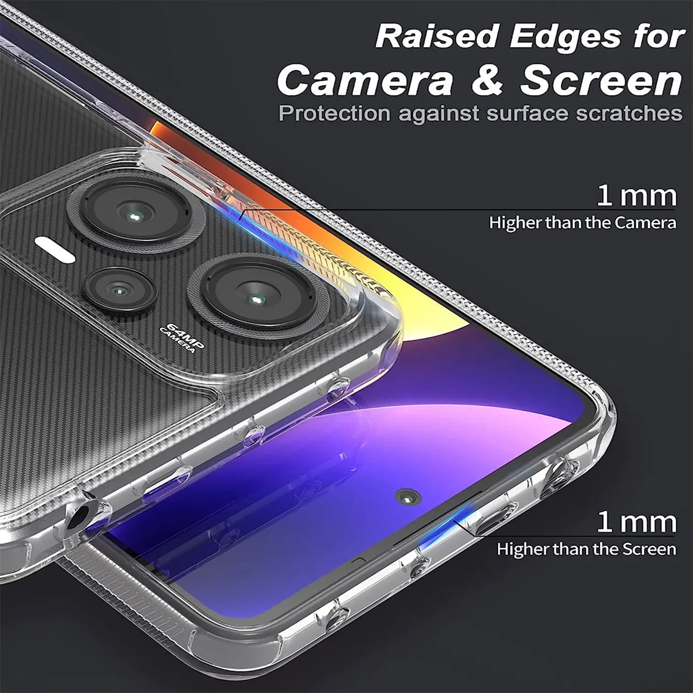 Transparente Hülle aus Kunststoff, Nahaufnahme, zeigt Xiaomi Poco F5 5G mit erhöhten Kanten.