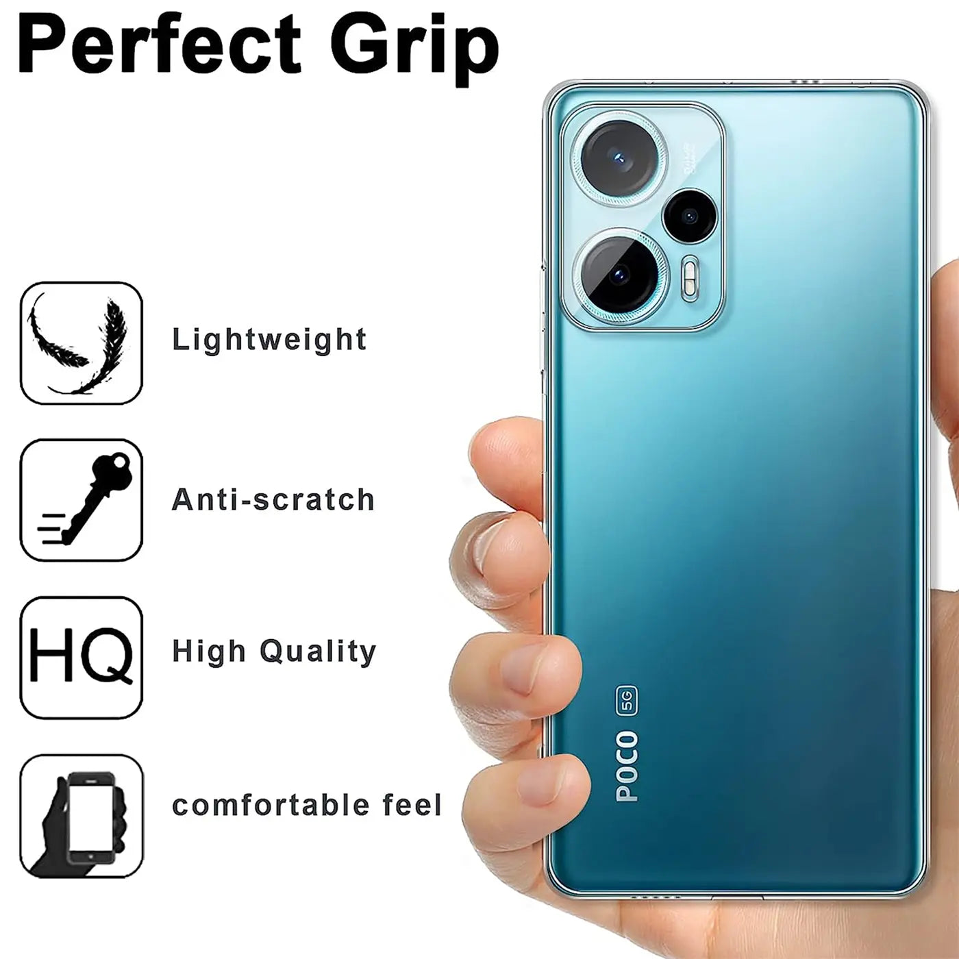 Transparente Hülle aus Kunststoff, die ein Xiaomi Poco F5 5G schützt. Rückansicht.