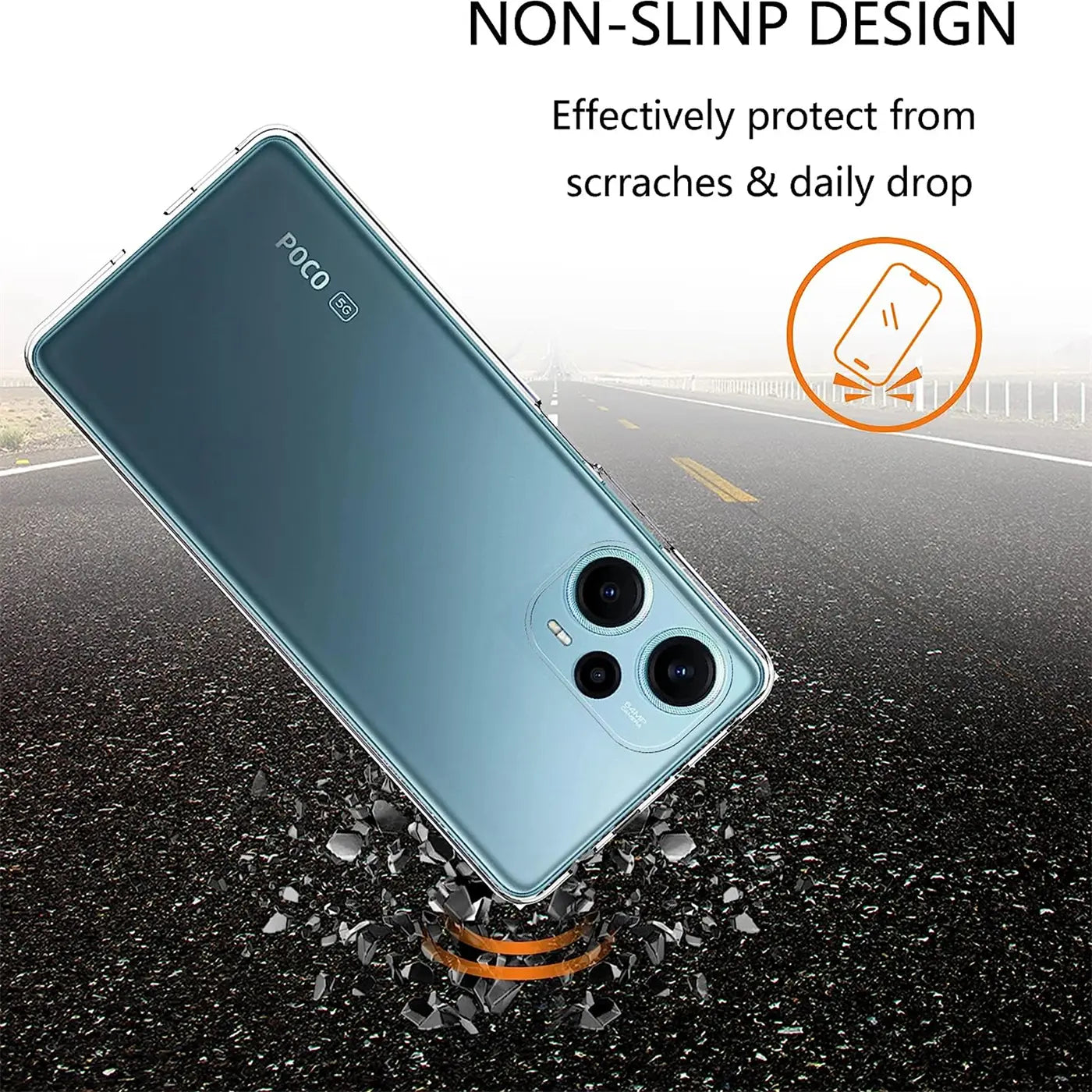Klares, schlankes Handycase aus Kunststoff, das ein Xiaomi Poco F5 5G schützt. Draufsicht.