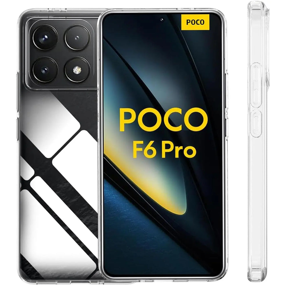 Klar transparente Hülle aus Silikon für Xiaomi Poco F6 Pro, Vorder- und Seitenansicht.