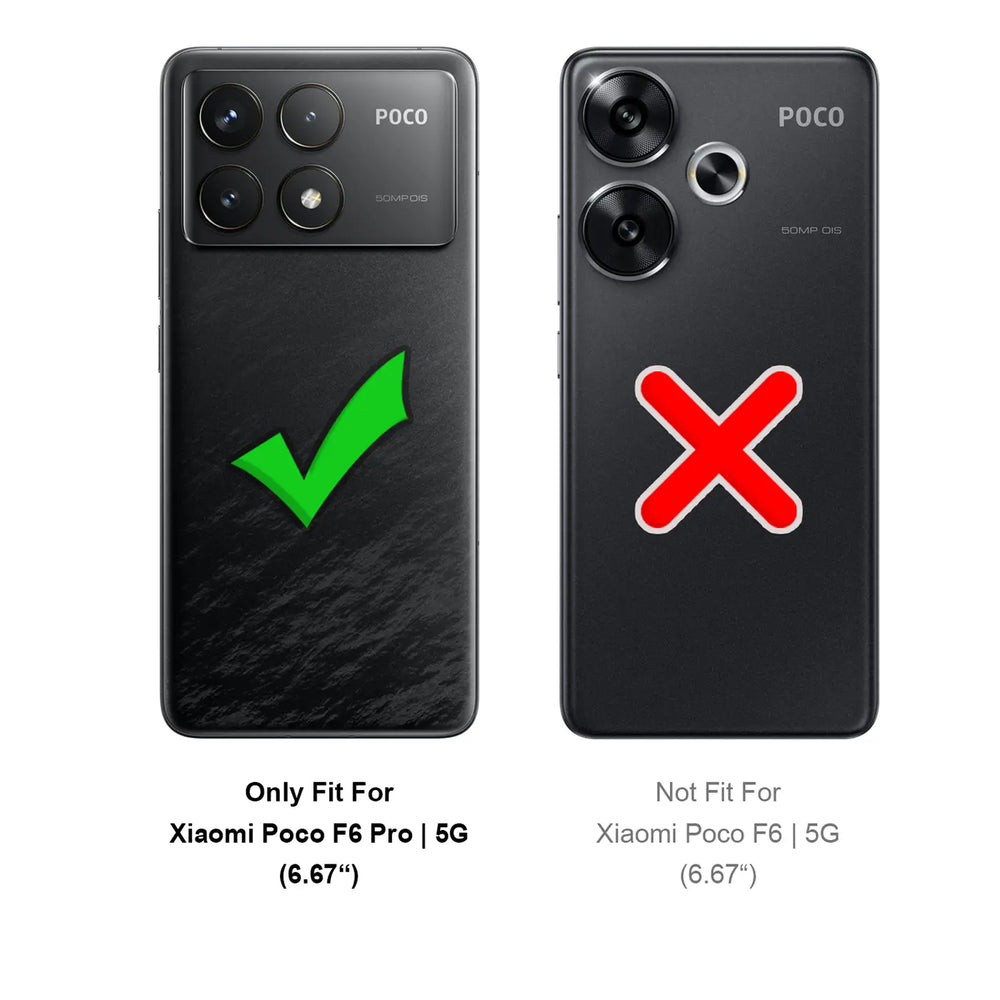 Zwei schwarze Smartphones, Rückansicht. Links: Xiaomi Poco F6 Pro mit grünem Haken. Rechts: Xiaomi Poco F6 mit rotem Kreuz.