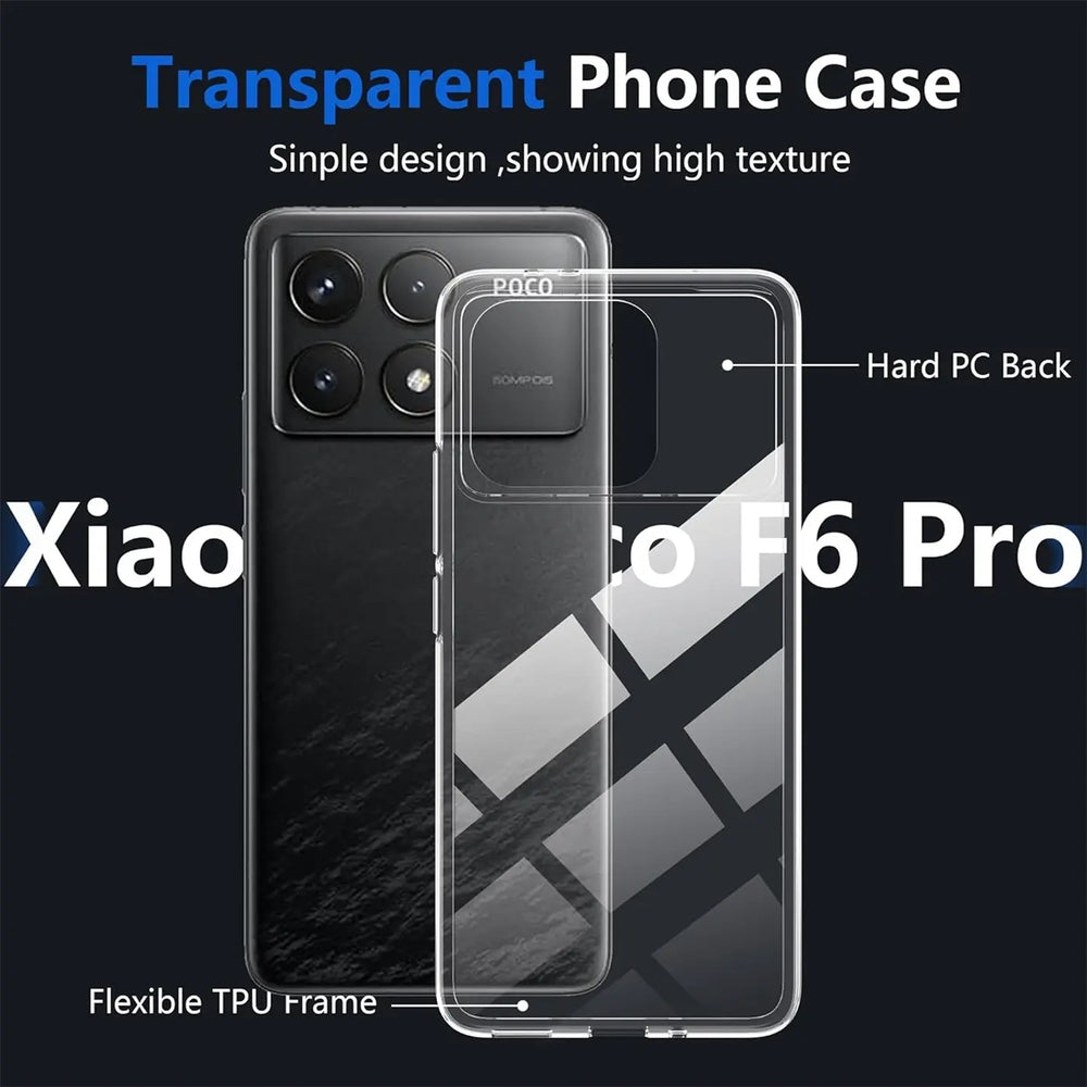 Klar transparente Handyhülle aus TPU und PC für Xiaomi Poco F6 Pro, von vorne.