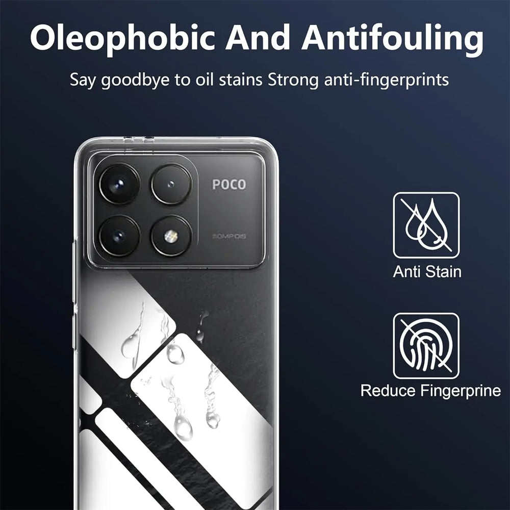 Klares Handyhülle aus Kunststoff, Vorderansicht, zeigt Xiaomi Poco F6 Pro mit Kamera.