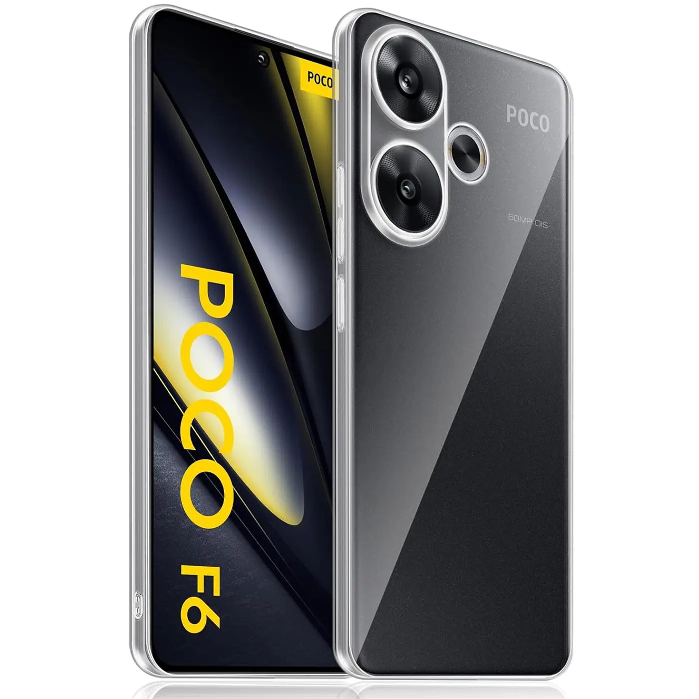 Klares, transparentes Handycase aus Kunststoff, von vorne und hinten gezeigt, mit Xiaomi Poco F6.