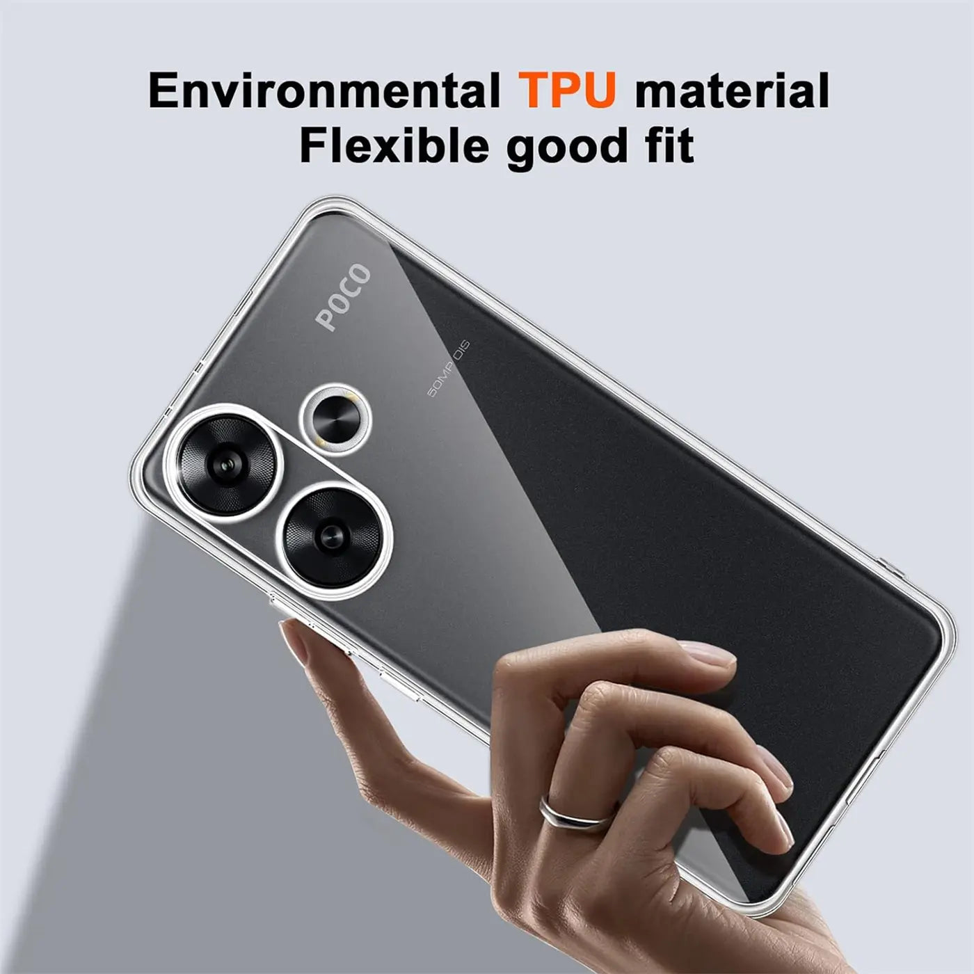 Klar, transparentes TPU-Case auf einem Xiaomi Poco F6, von schräg oben gezeigt.