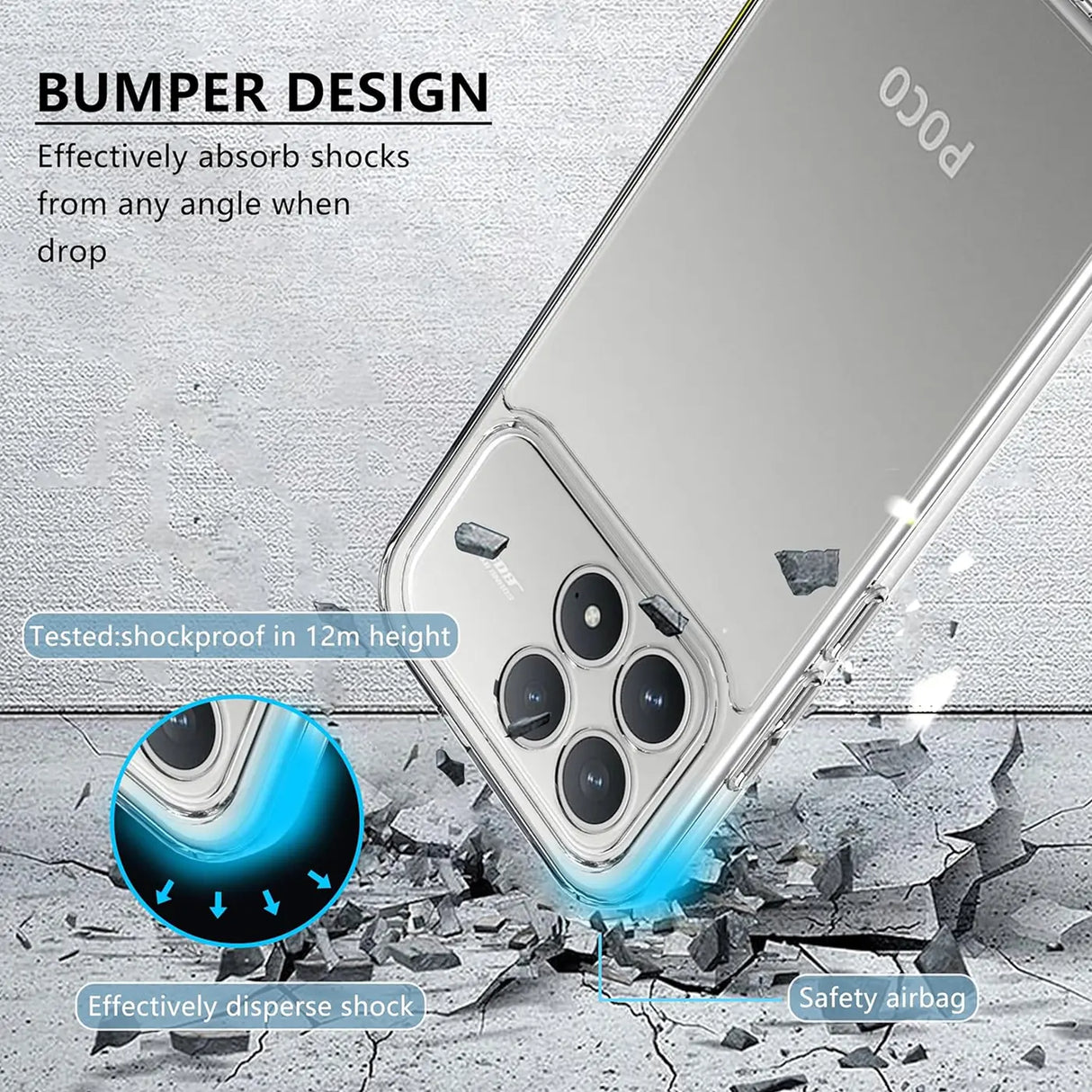 Klares Handy-Case aus Kunststoff, Nahaufnahme von unten, Xiaomi Poco F8 Pro.