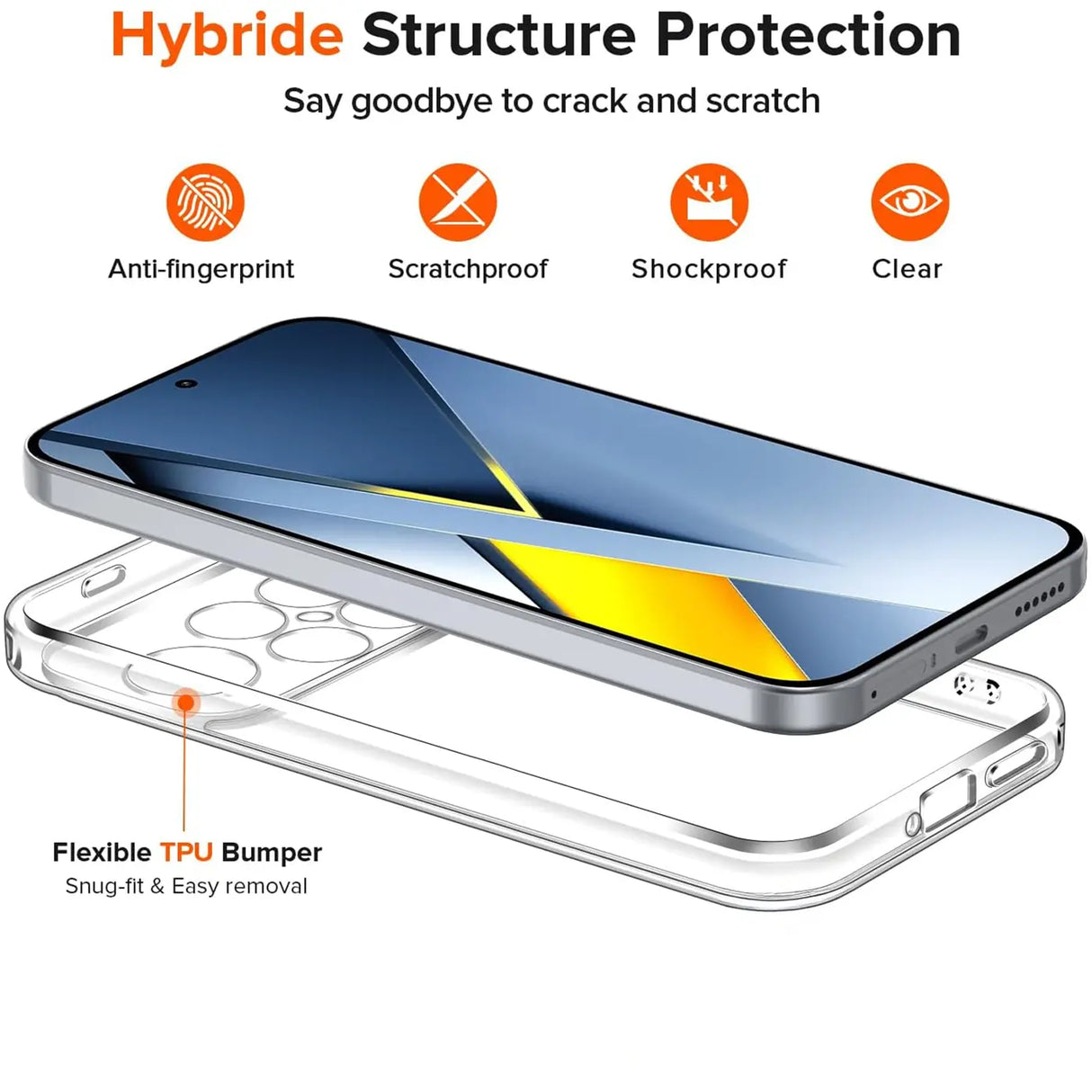 Klar, transparentes TPU-Case mit Xiaomi Poco F8 Ultra, von oben, Nahaufnahme.