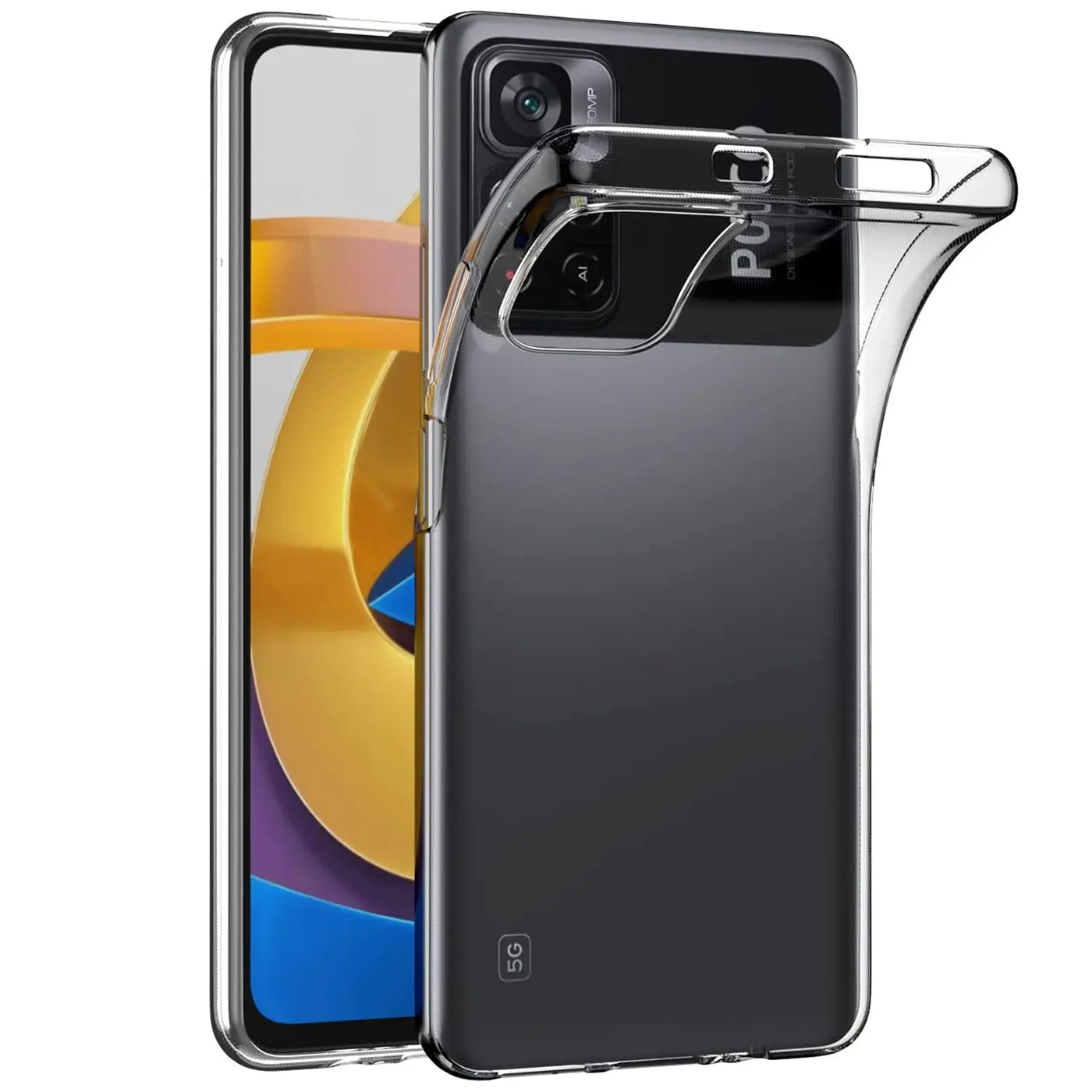 Klar, transparentes Silikoncase auf einem Xiaomi Poco M4 Pro 5G, Seitenansicht.