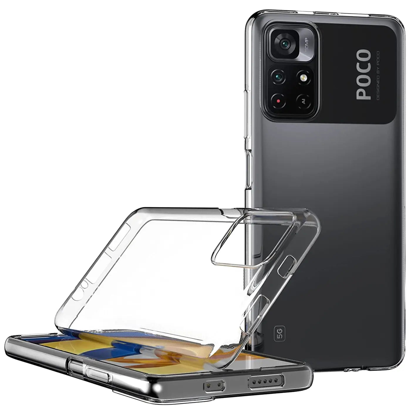 Klar, transparentes Silikon-Case für Xiaomi Poco M4 Pro 5G, von vorne/oben.