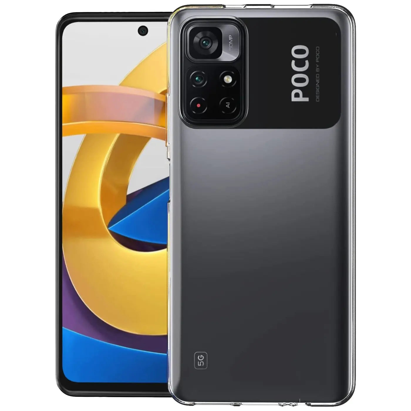 Graues, transparentes Slim Case aus Kunststoff auf einem Xiaomi Poco M4 Pro 5G, von vorne/leicht schräg.