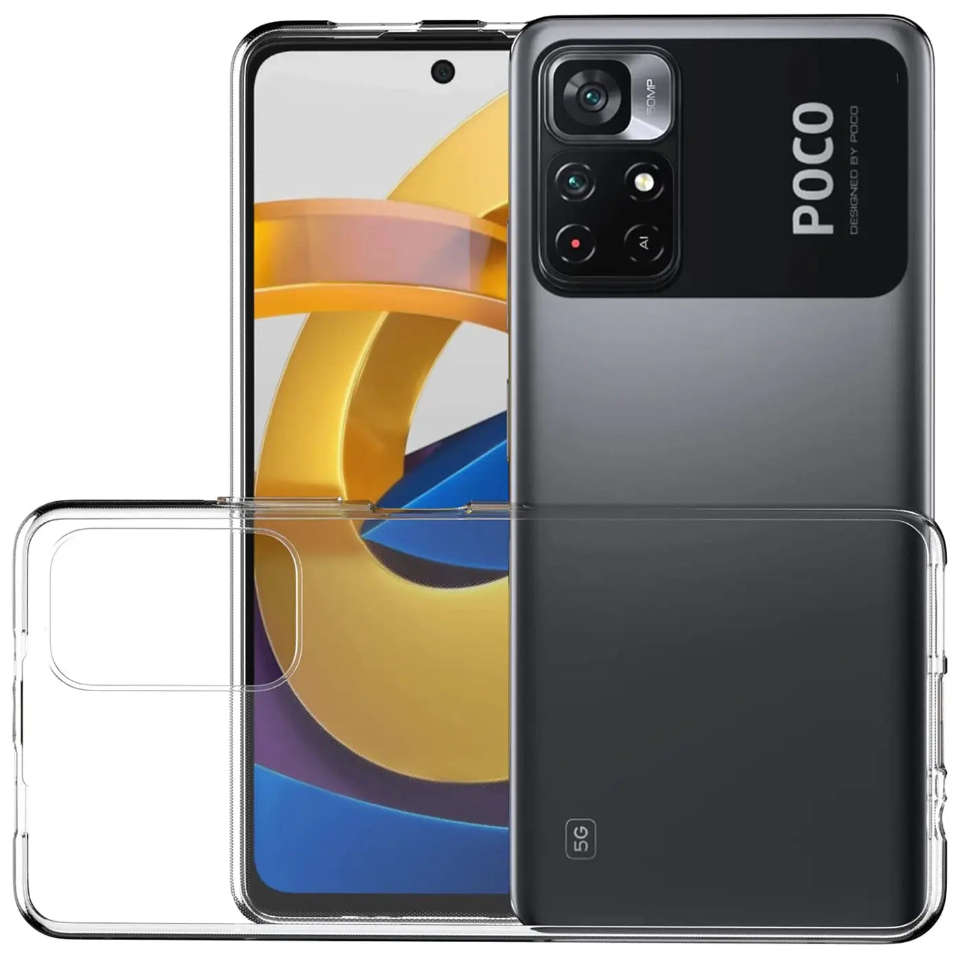 Klares Silikoncase mit Xiaomi Poco M4 Pro 5G, Vorder- und Rückansicht.