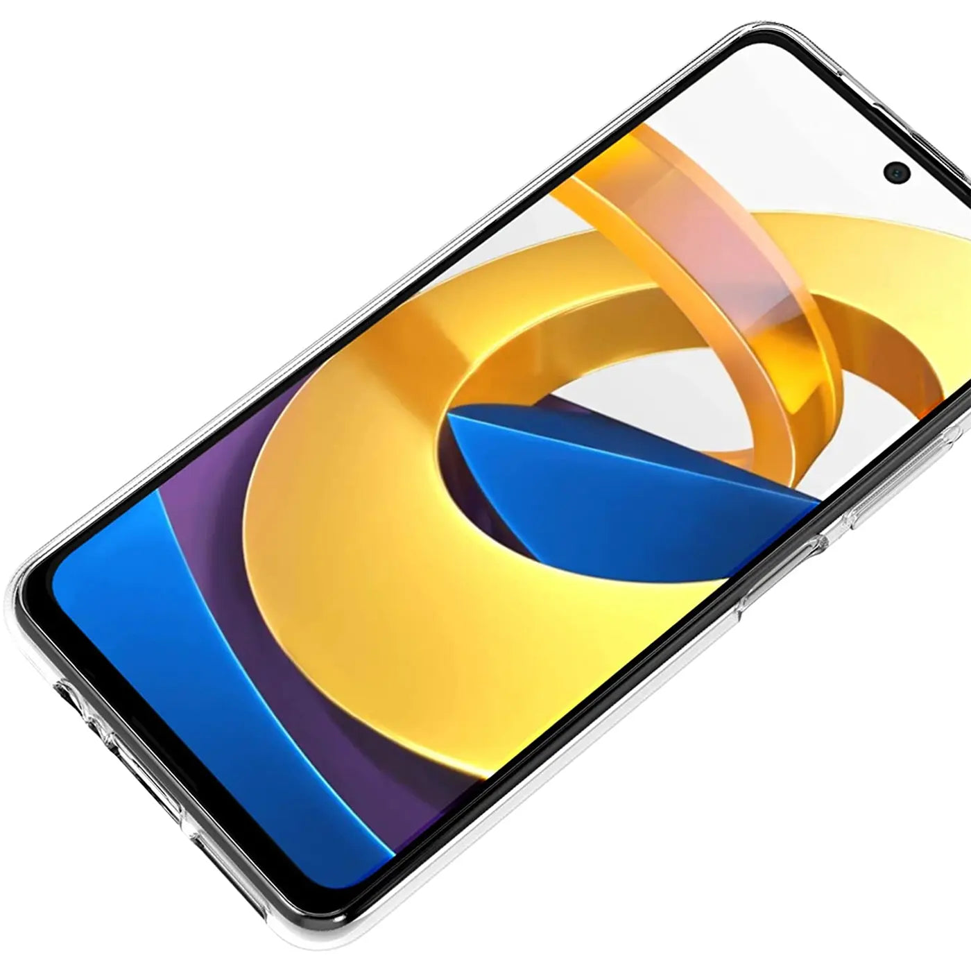 Klar, transparentes Handy-Case mit Xiaomi Poco M4 Pro 5G, von oben links diagonal.