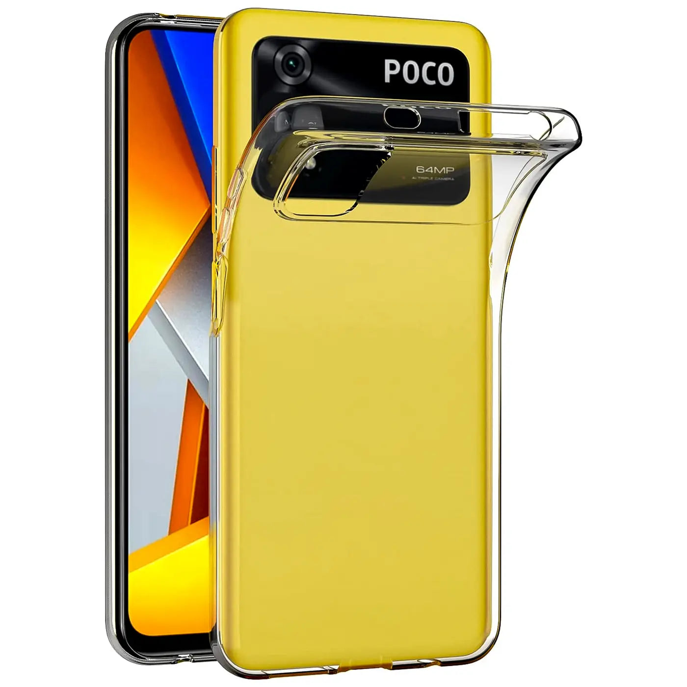 Klar, durchsichtiges Handycase aus TPU auf gelbem Xiaomi Poco M4 Pro, Rückansicht.