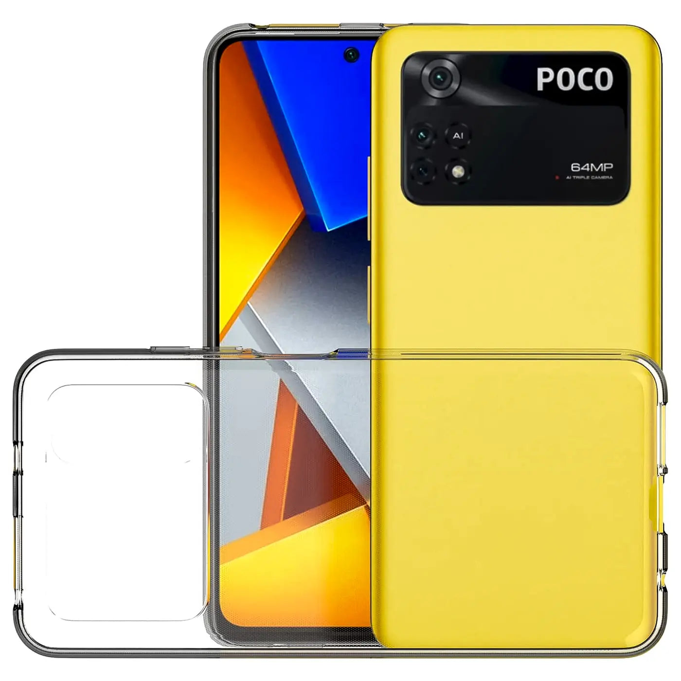 Klares Handyhülle aus Kunststoff, vorne und hinten, mit gelbem Xiaomi Poco M4 Pro.