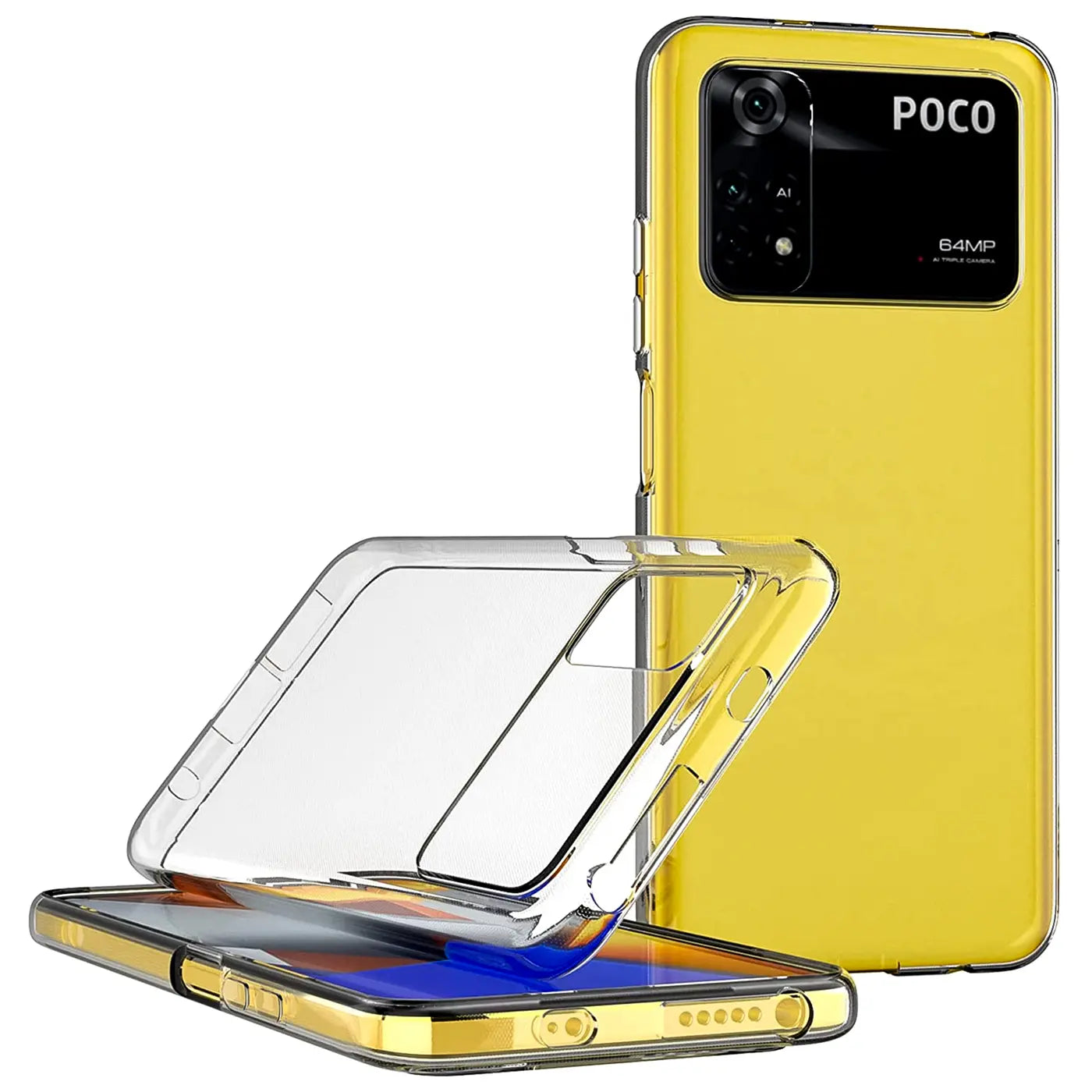 Gelbes Xiaomi Poco M4 Pro mit durchsichtiger Hülle, von vorne und hinten gezeigt.