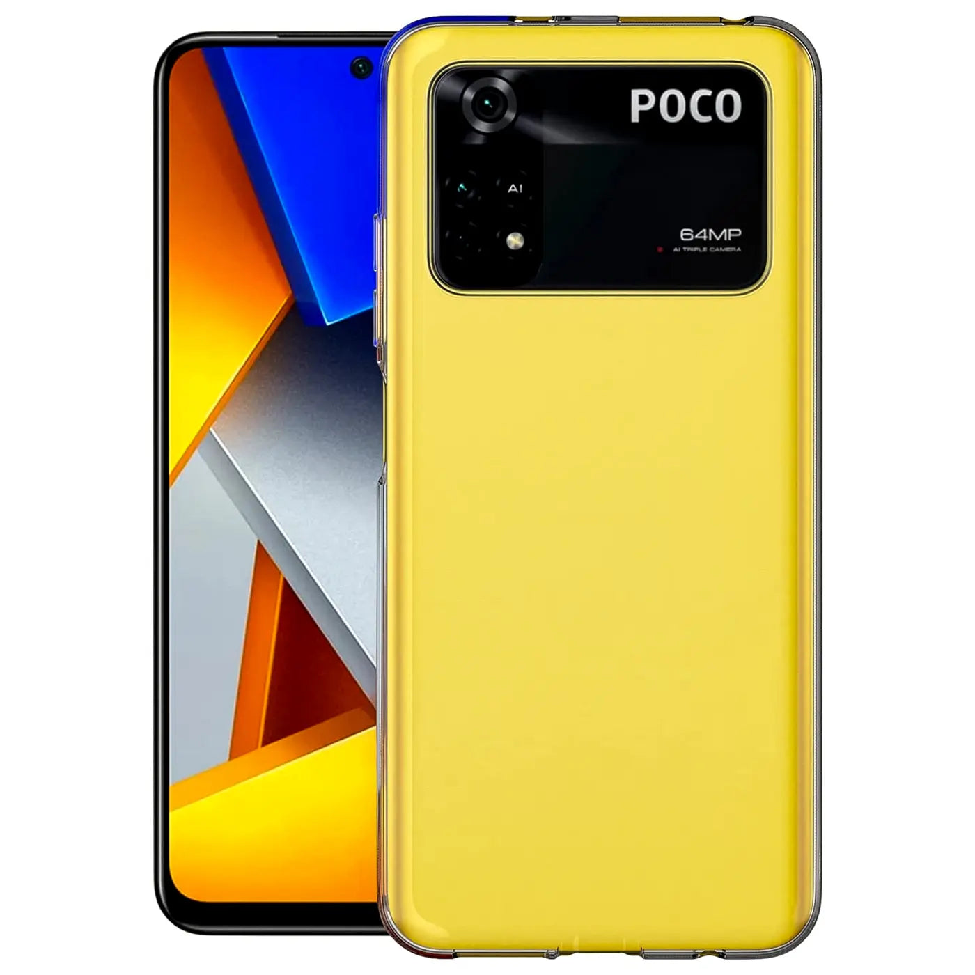 Gelbes, transparentes Handy-Case aus Silikon auf einem Xiaomi Poco M4 Pro.